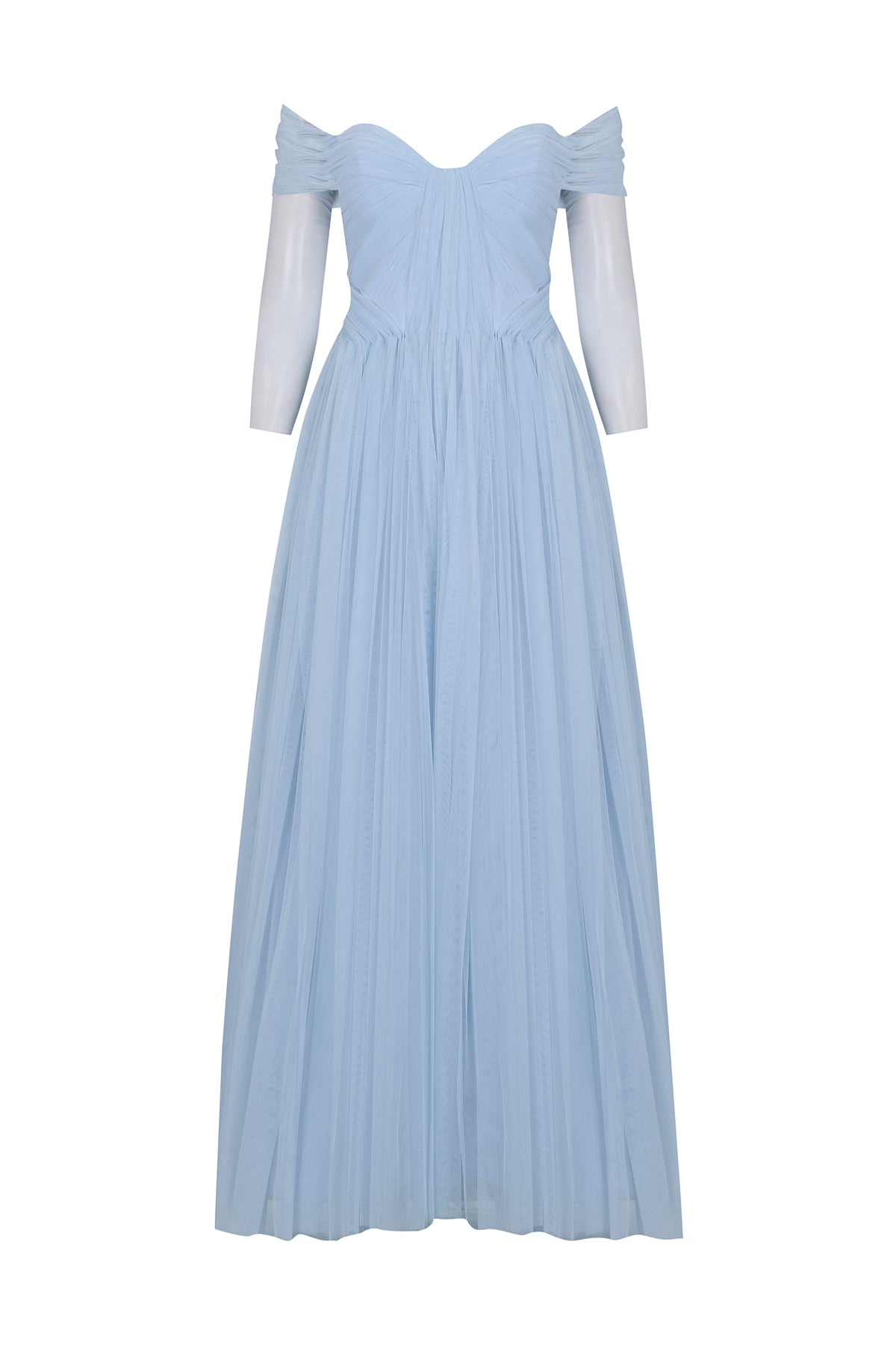 فستان سهرة طويل بدون حمالات بأكمام من التول الشفاف