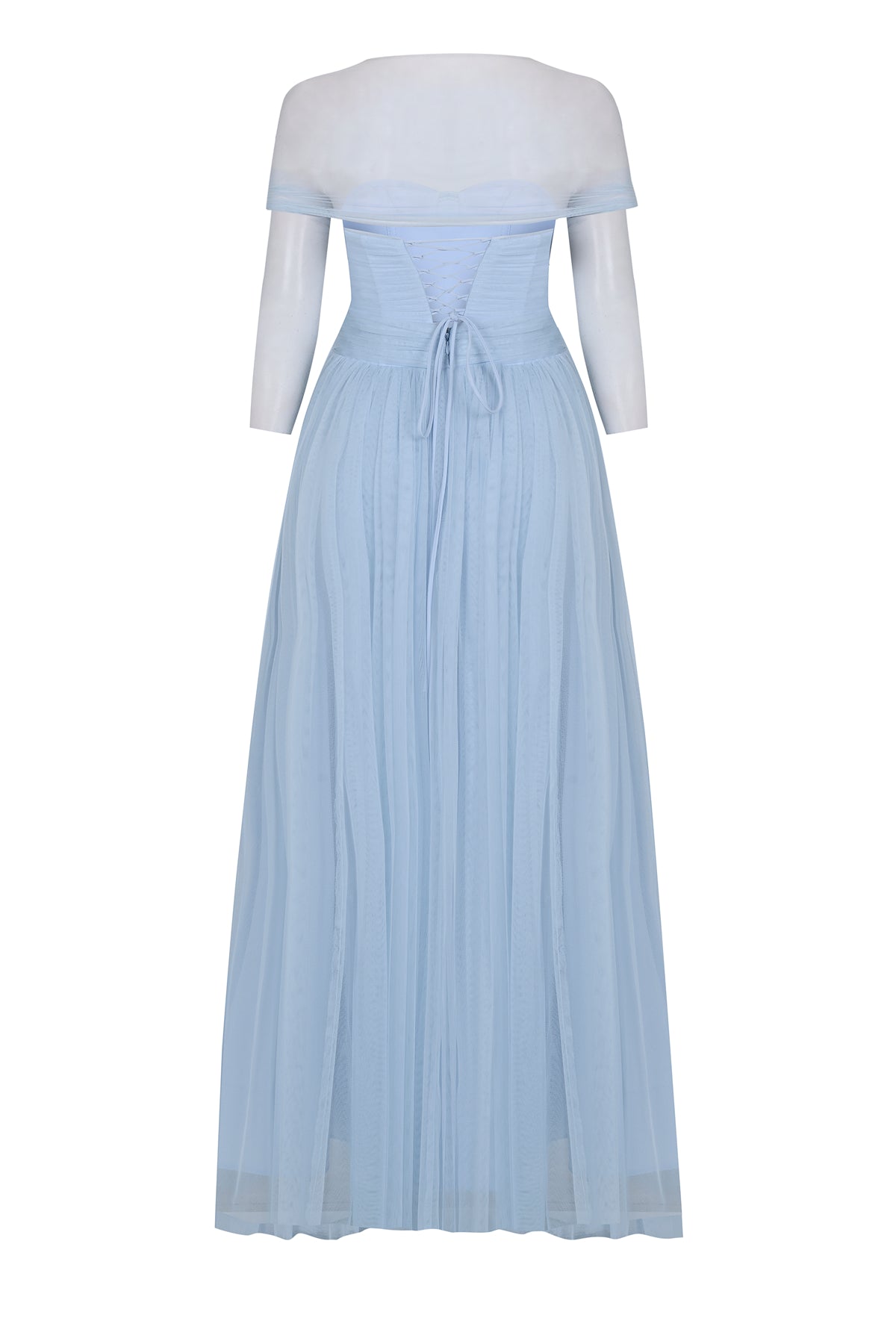 فستان سهرة طويل بدون حمالات بأكمام من التول الشفاف