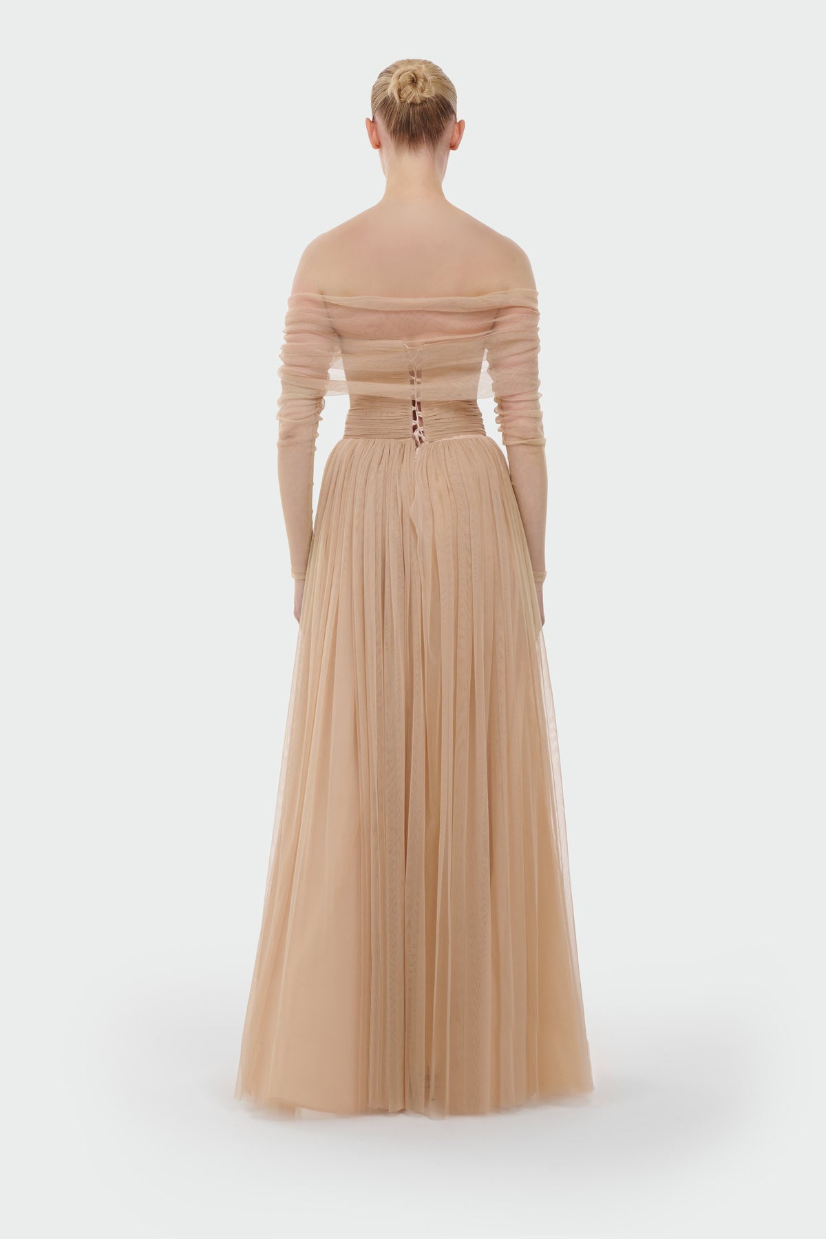 Transparent Tulle Sleeve Strapless Long Evening Dress