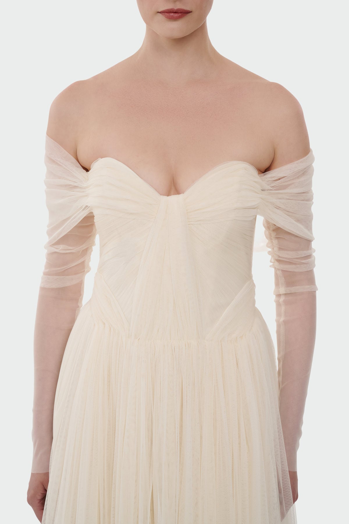 Transparent Tulle Sleeve Strapless Long Evening Dress