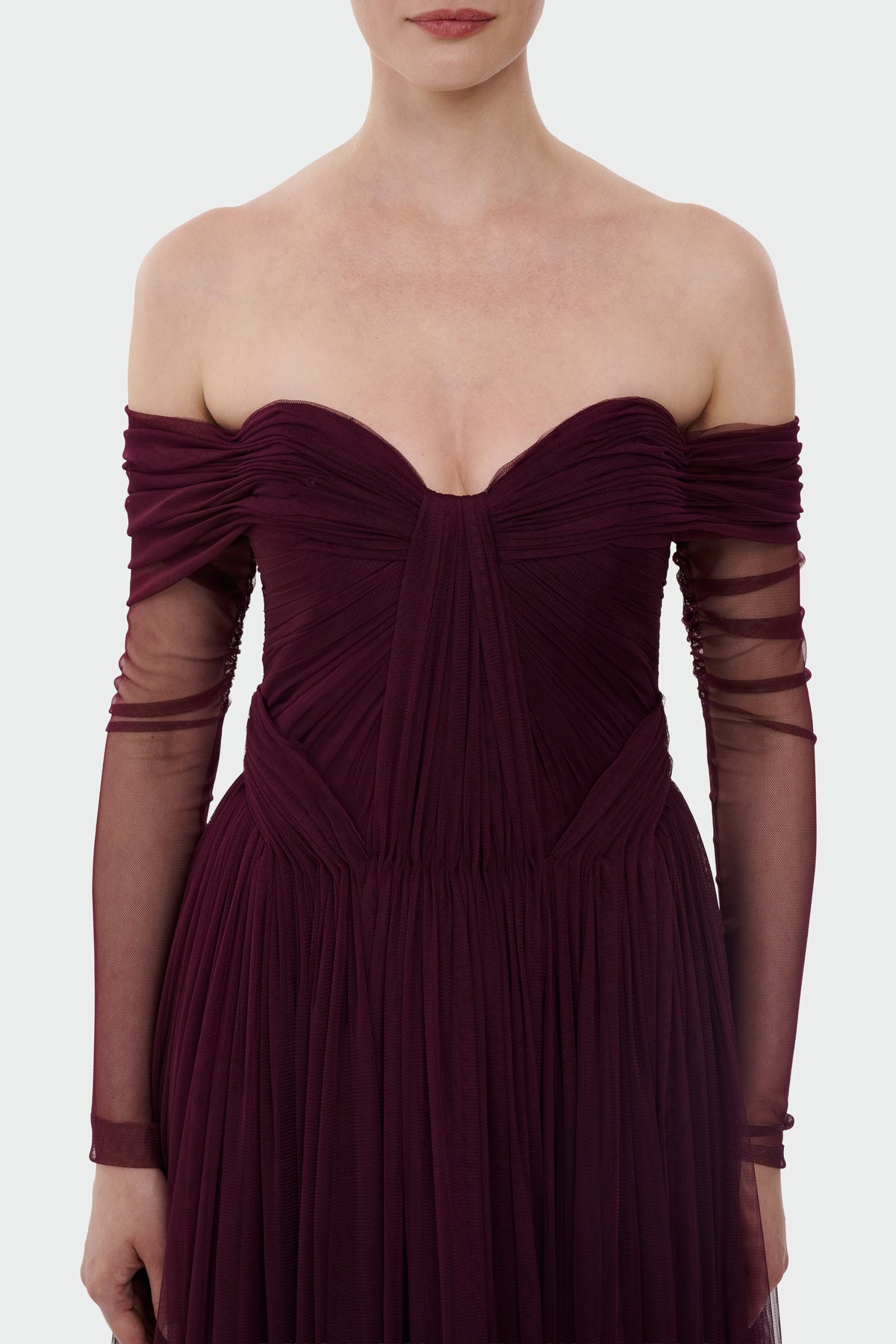 Transparent Tulle Sleeve Strapless Long Evening Dress