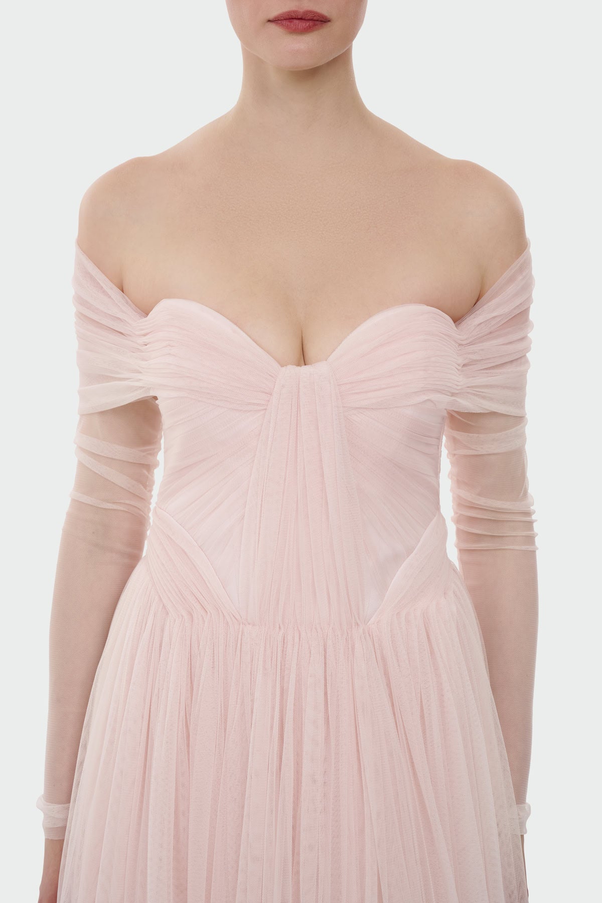 Transparent Tulle Sleeve Strapless Long Evening Dress