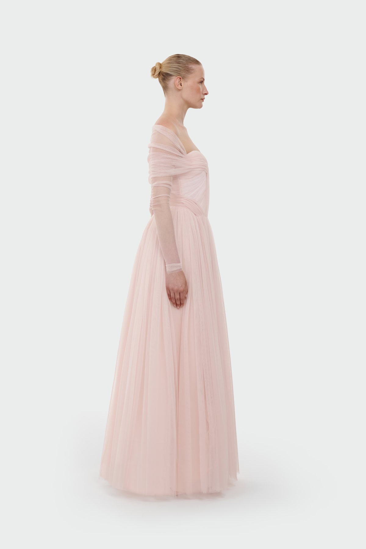Transparent Tulle Sleeve Strapless Long Evening Dress