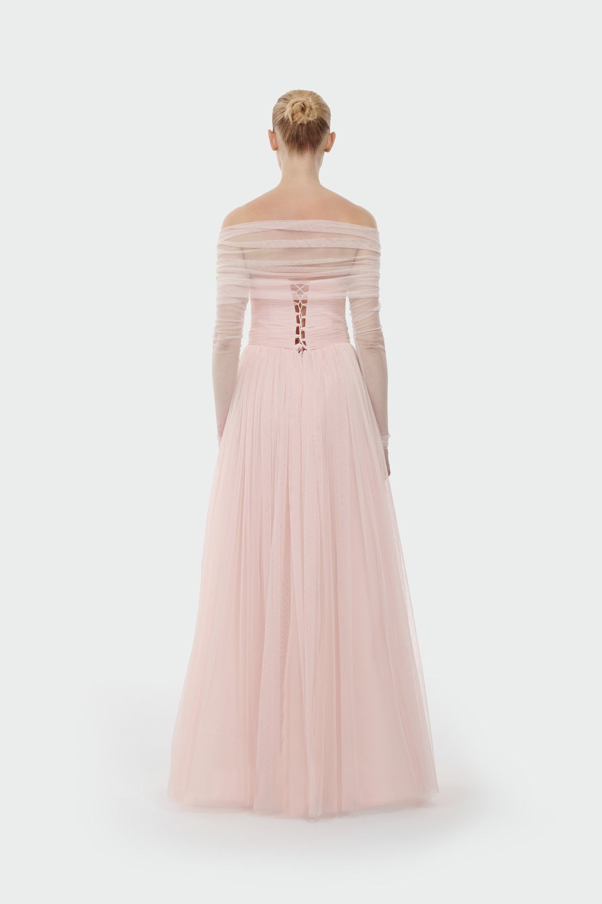 Transparent Tulle Sleeve Strapless Long Evening Dress