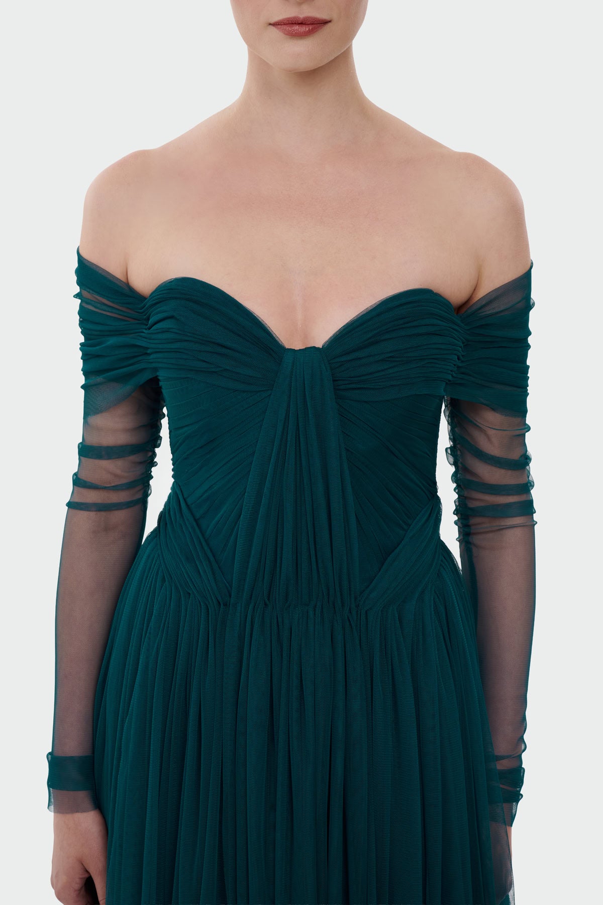 Transparent Tulle Sleeve Strapless Long Evening Dress