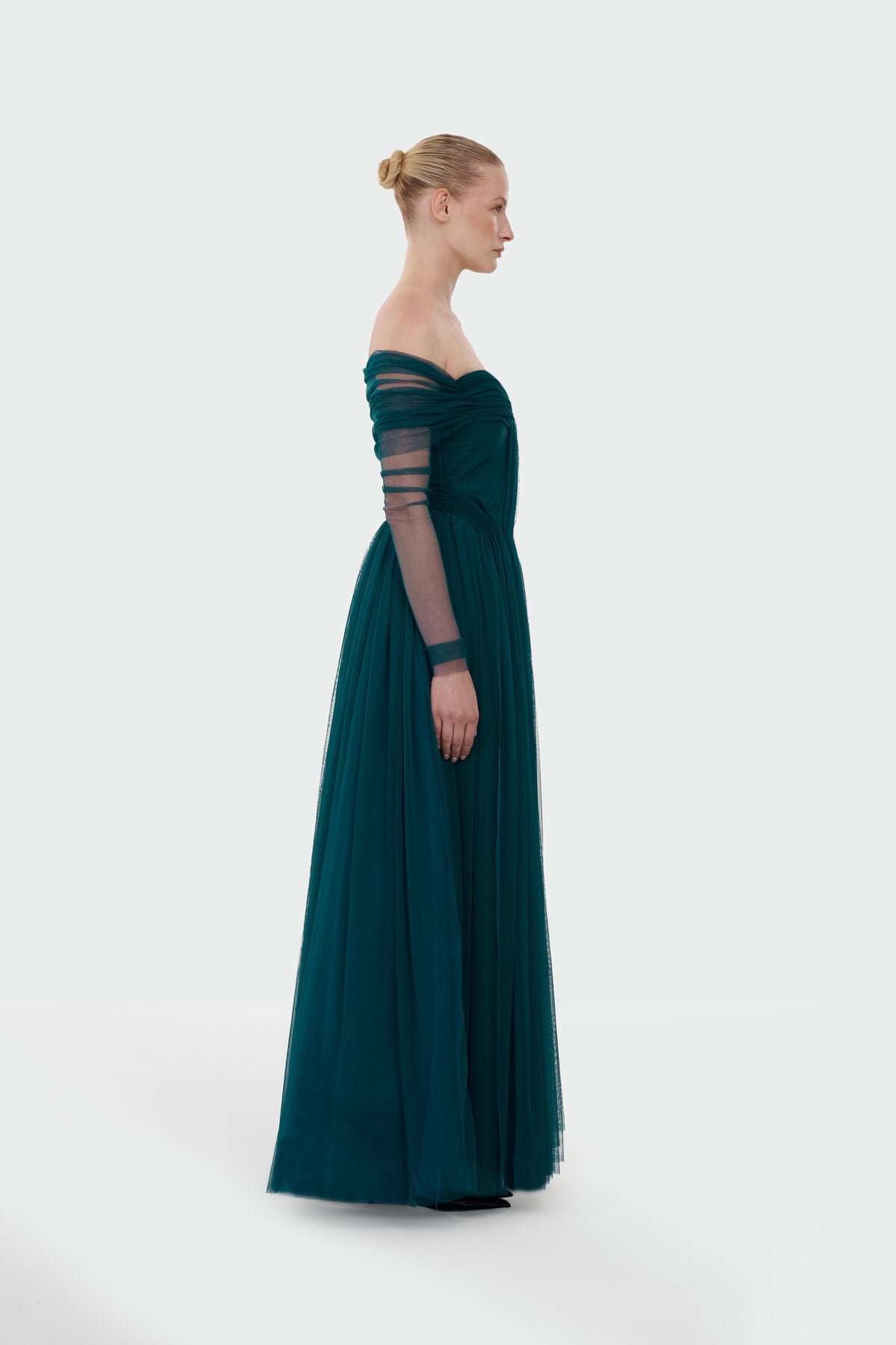 Transparent Tulle Sleeve Strapless Long Evening Dress