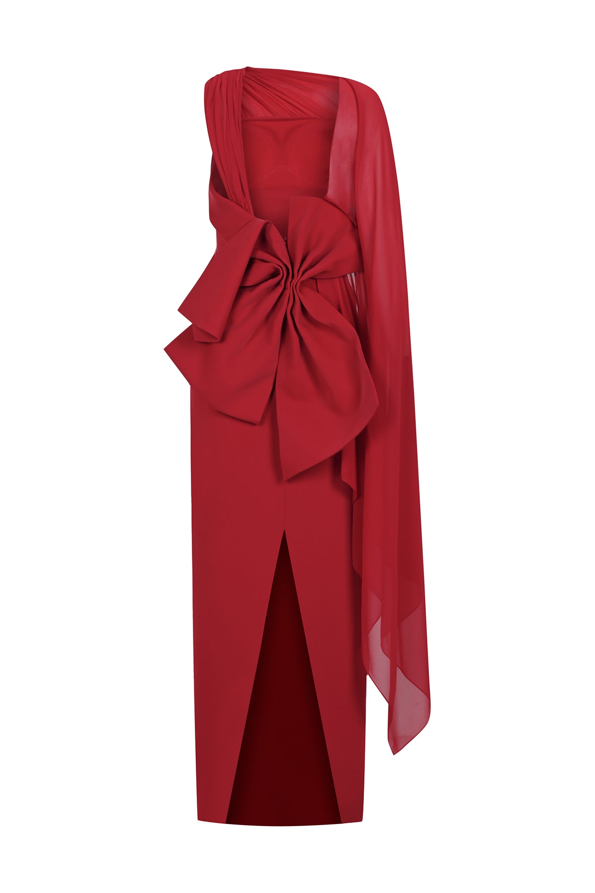 Tulle Cape Back Bow Detail Strapless Long Evening Dress
