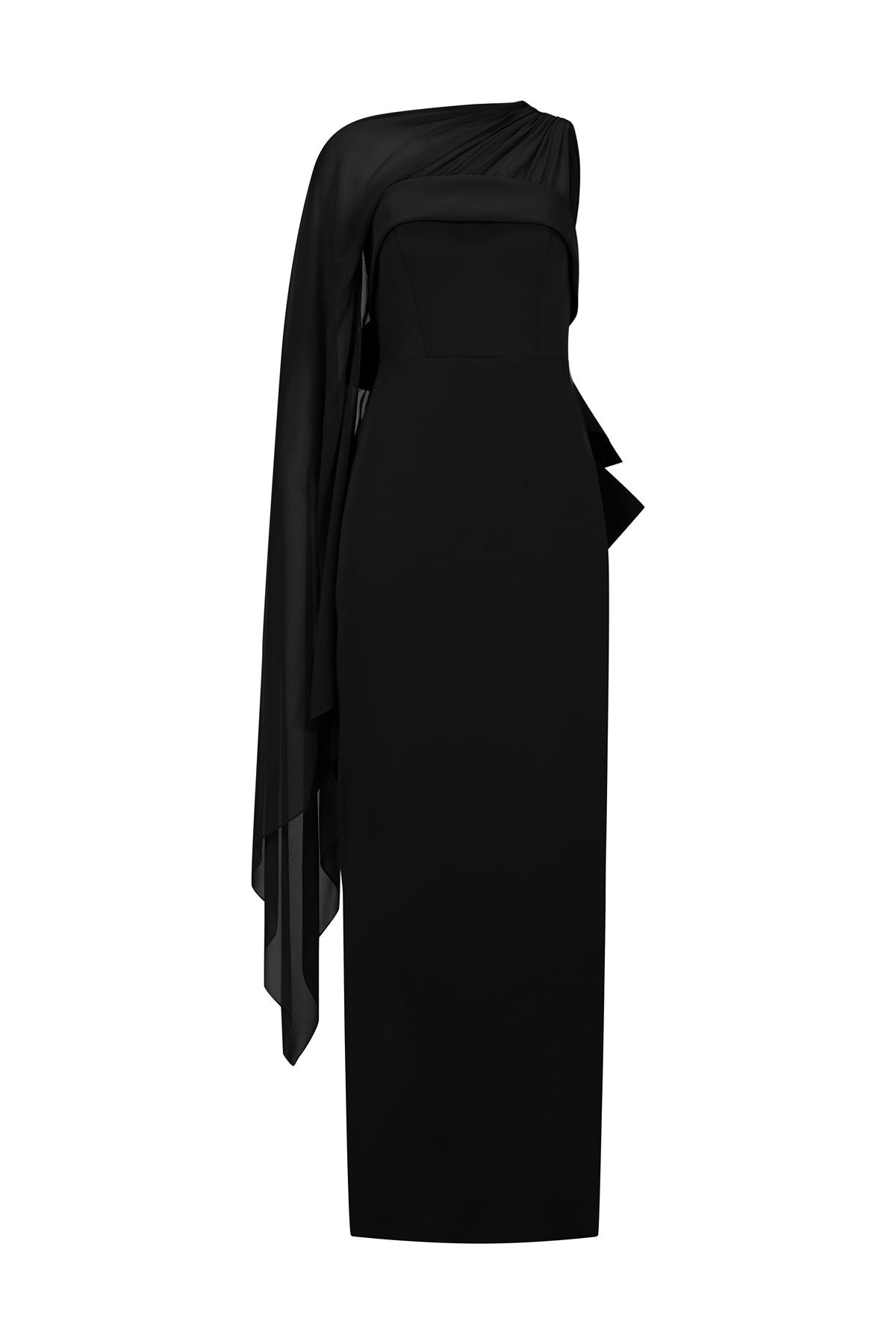 Tulle Cape Back Bow Detail Strapless Long Evening Dress