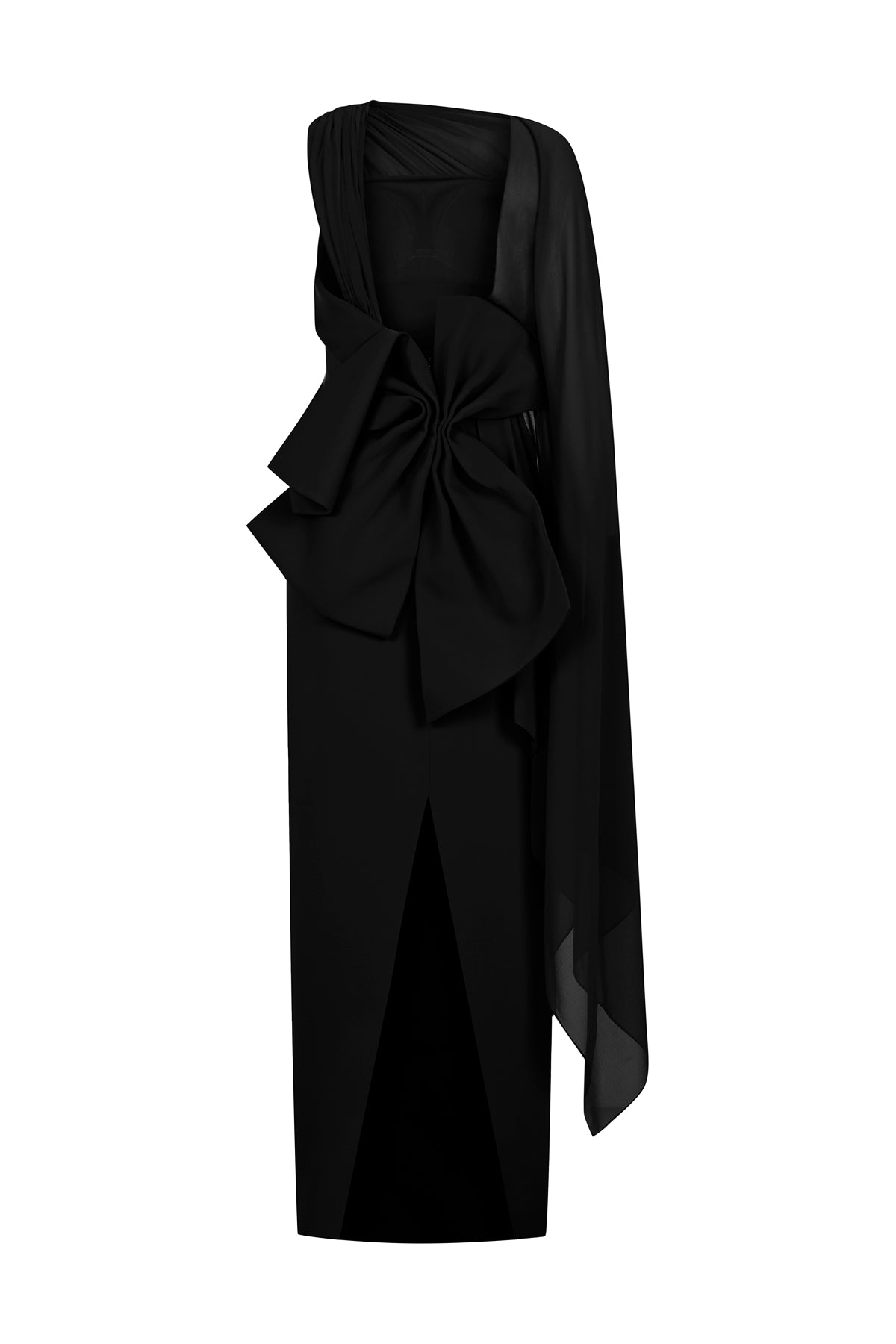 Tulle Cape Back Bow Detail Strapless Long Evening Dress