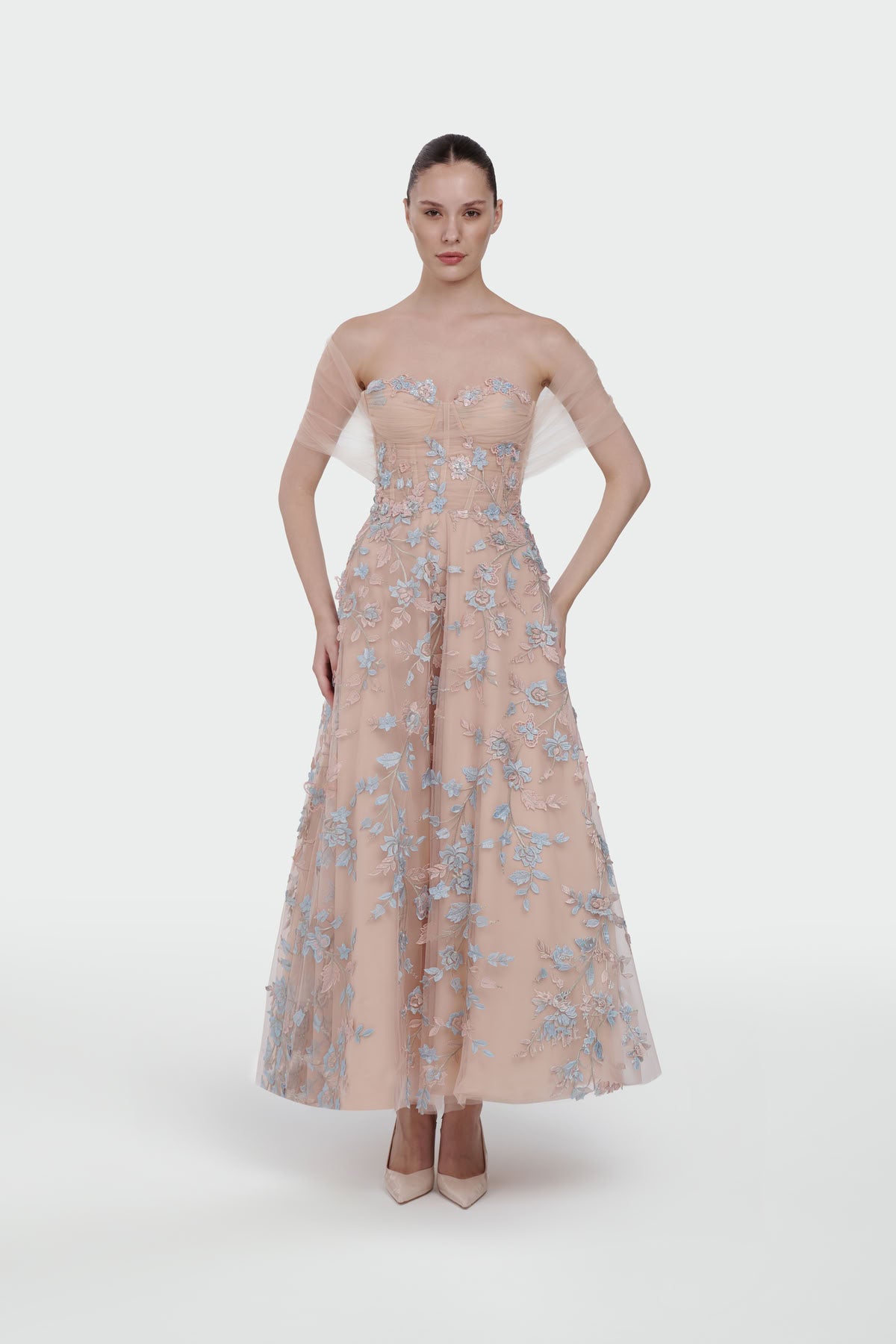 Three-Dimensional Floral Off-Shoulder Evening Dress