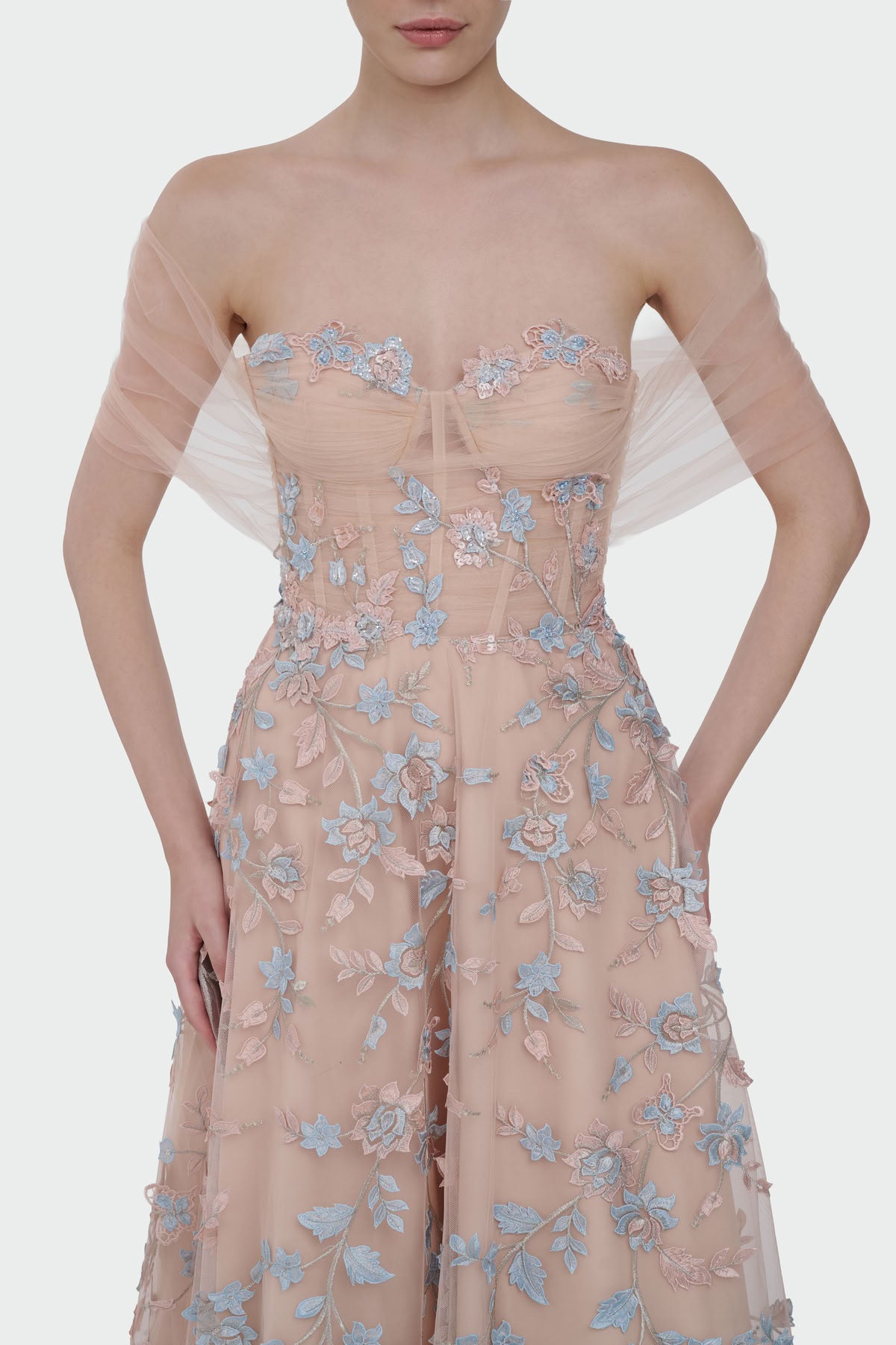 Three-Dimensional Floral Off-Shoulder Evening Dress