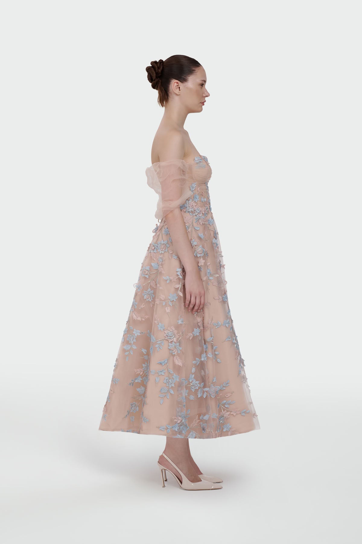 Three-Dimensional Floral Off-Shoulder Evening Dress