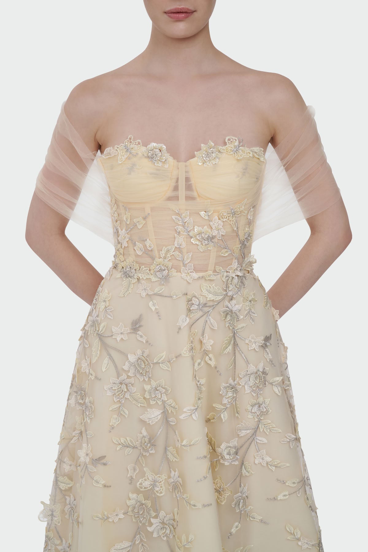 Three-Dimensional Floral Off-Shoulder Evening Dress