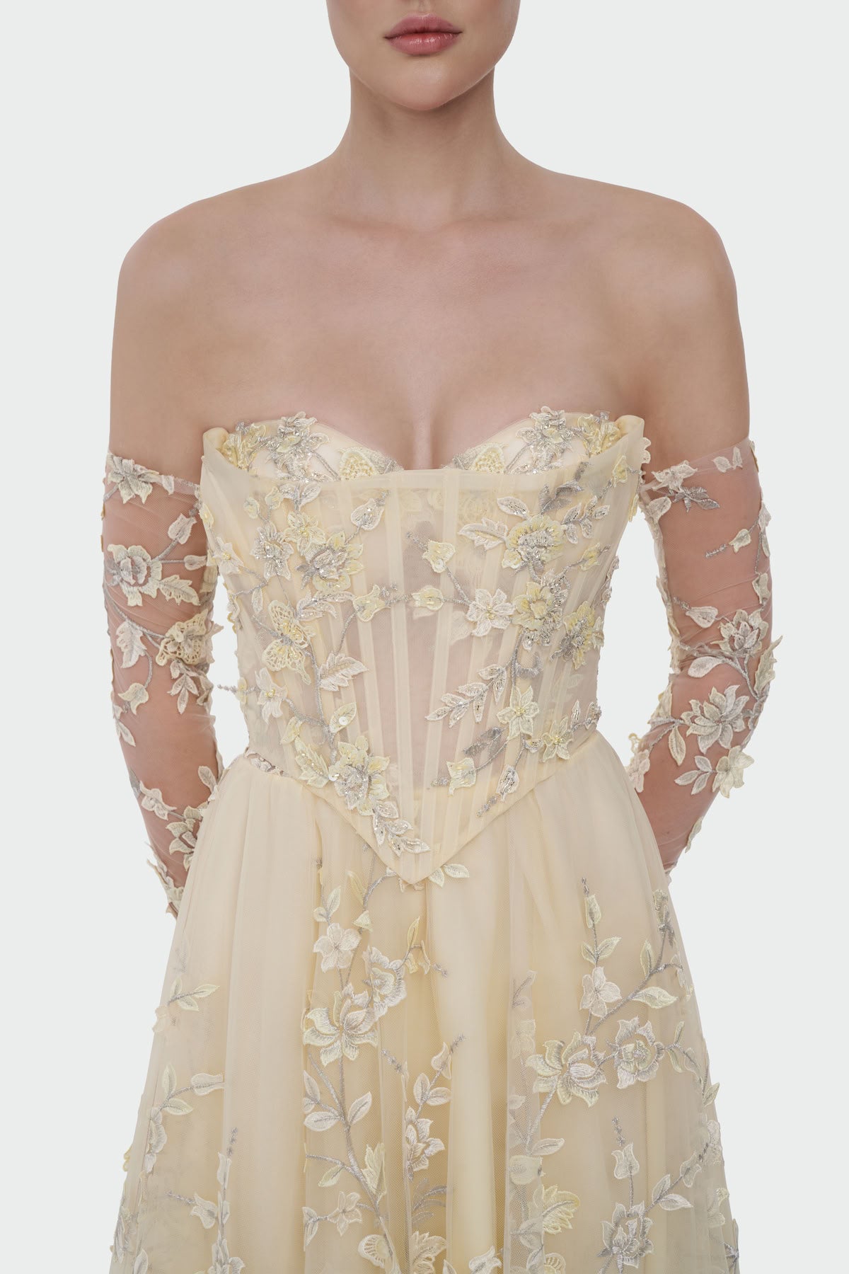 Three-Dimensional Floral Evening Dress with Gloves