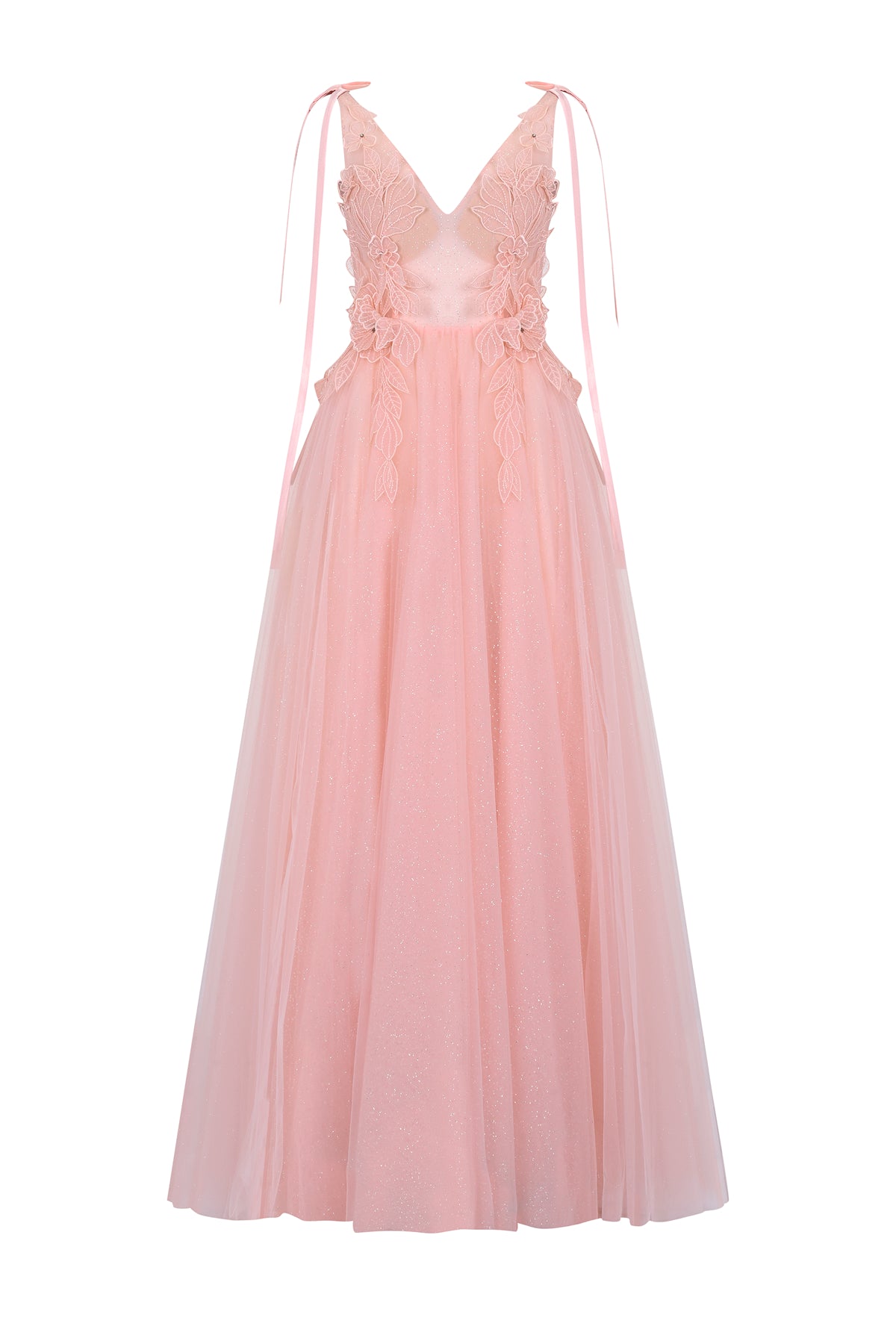 V Neck Floral Applique Tulle Skirt Long Evening Dress