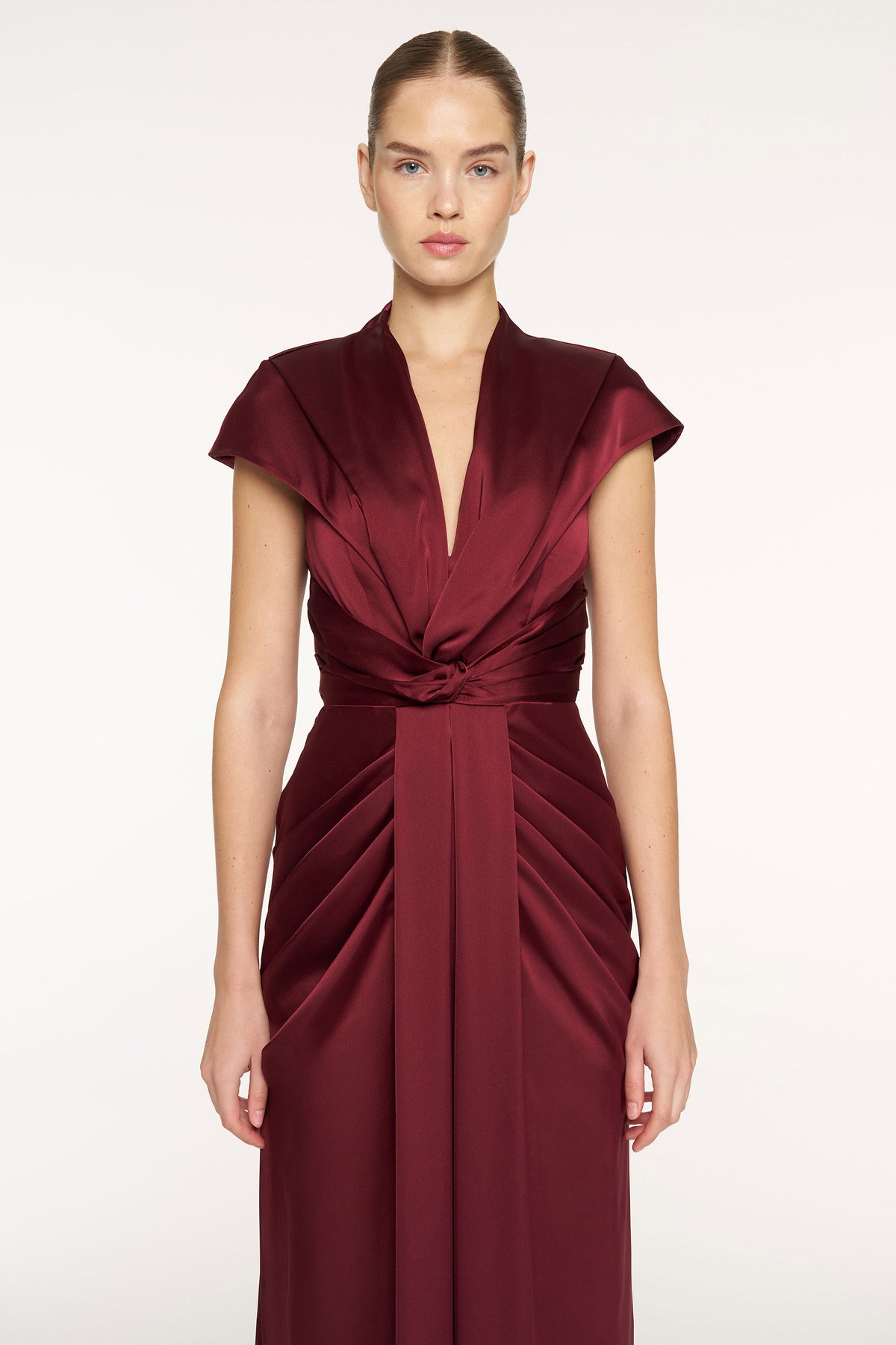 V-Neck Draped Waist Detail Short Sleeve Evening Dress
