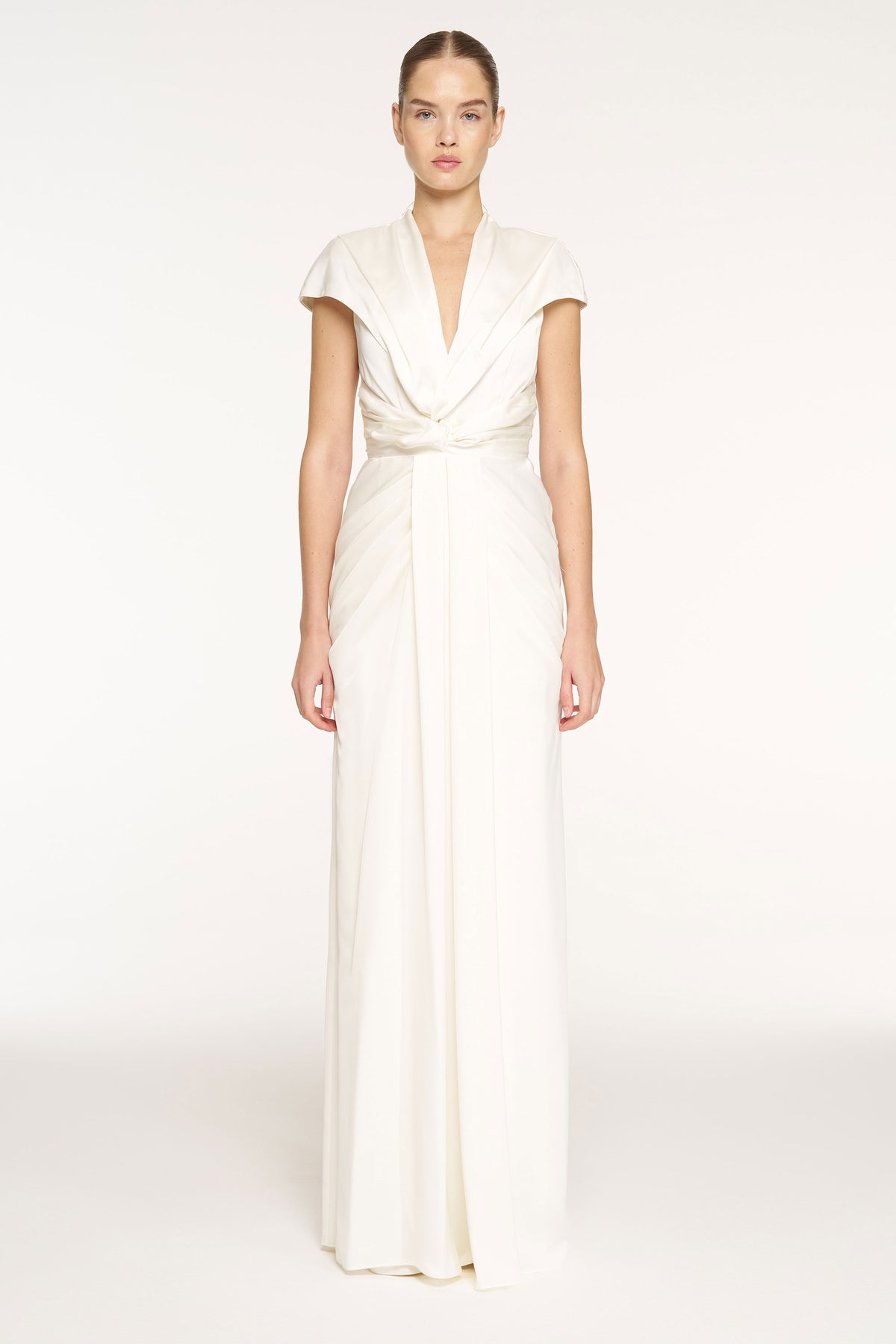 V-Neck Draped Waist Detail Short Sleeve Evening Dress