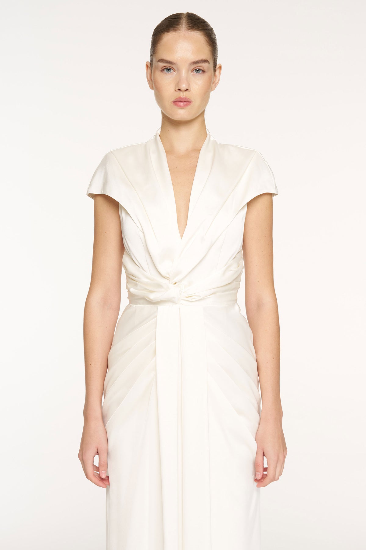 V-Neck Draped Waist Detail Short Sleeve Evening Dress