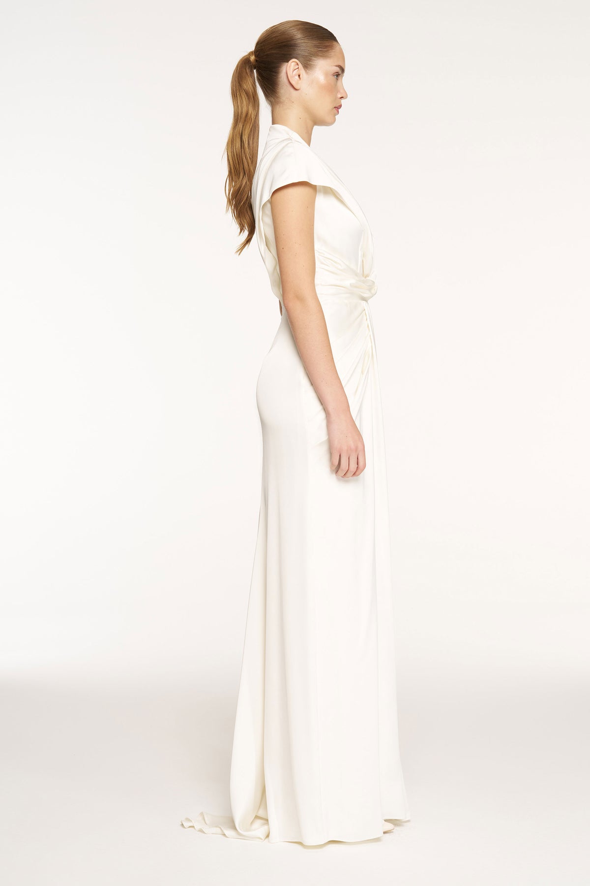 V-Neck Draped Waist Detail Short Sleeve Evening Dress