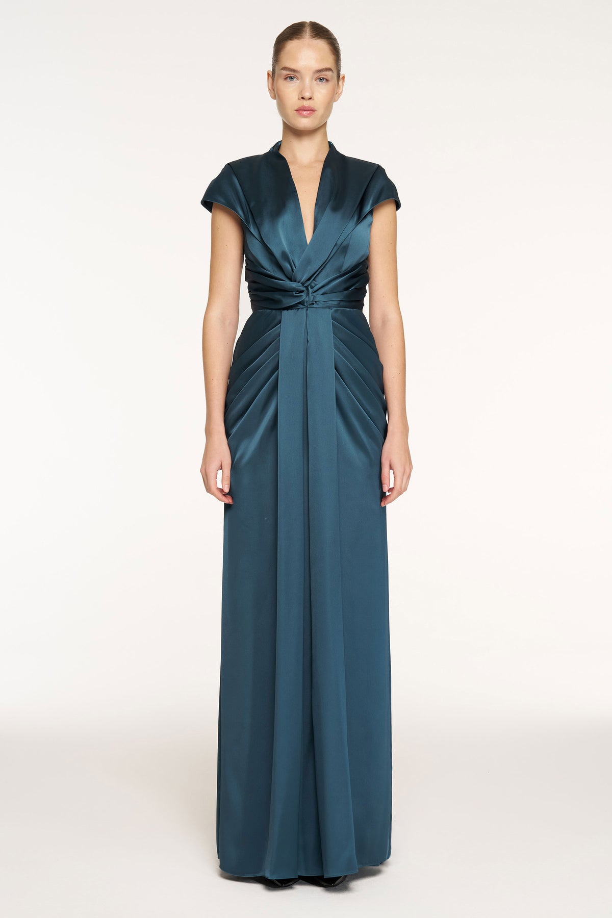 V-Neck Draped Waist Detail Short Sleeve Evening Dress