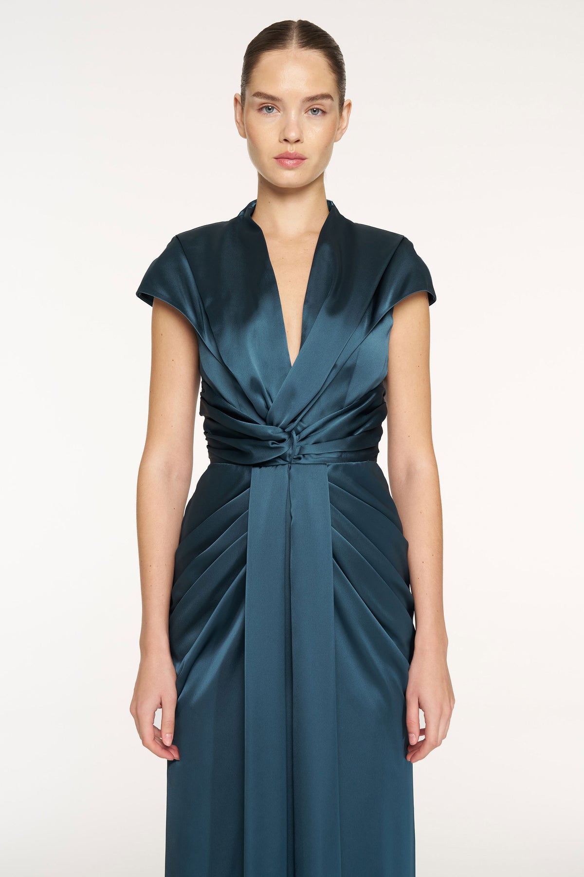 V-Neck Draped Waist Detail Short Sleeve Evening Dress