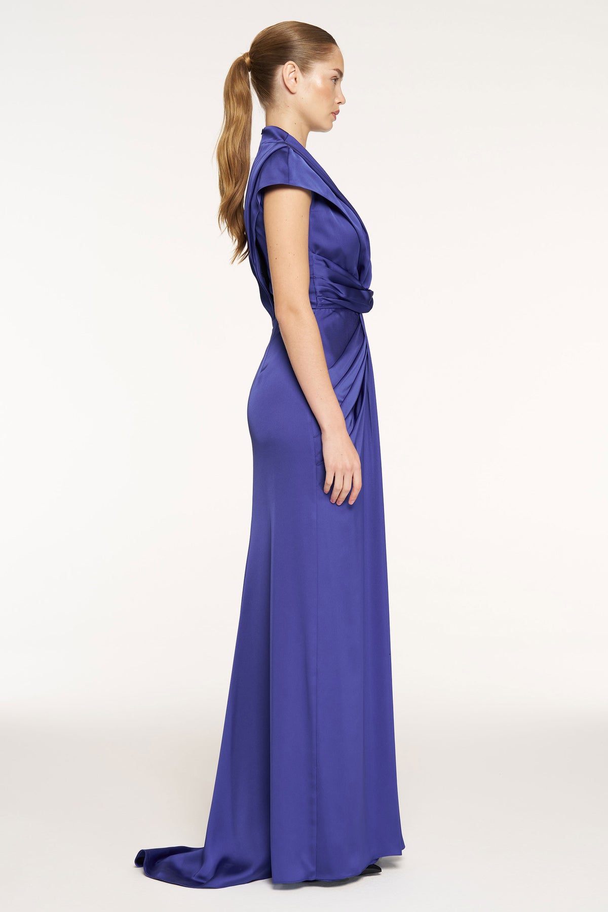 V-Neck Draped Waist Detail Short Sleeve Evening Dress