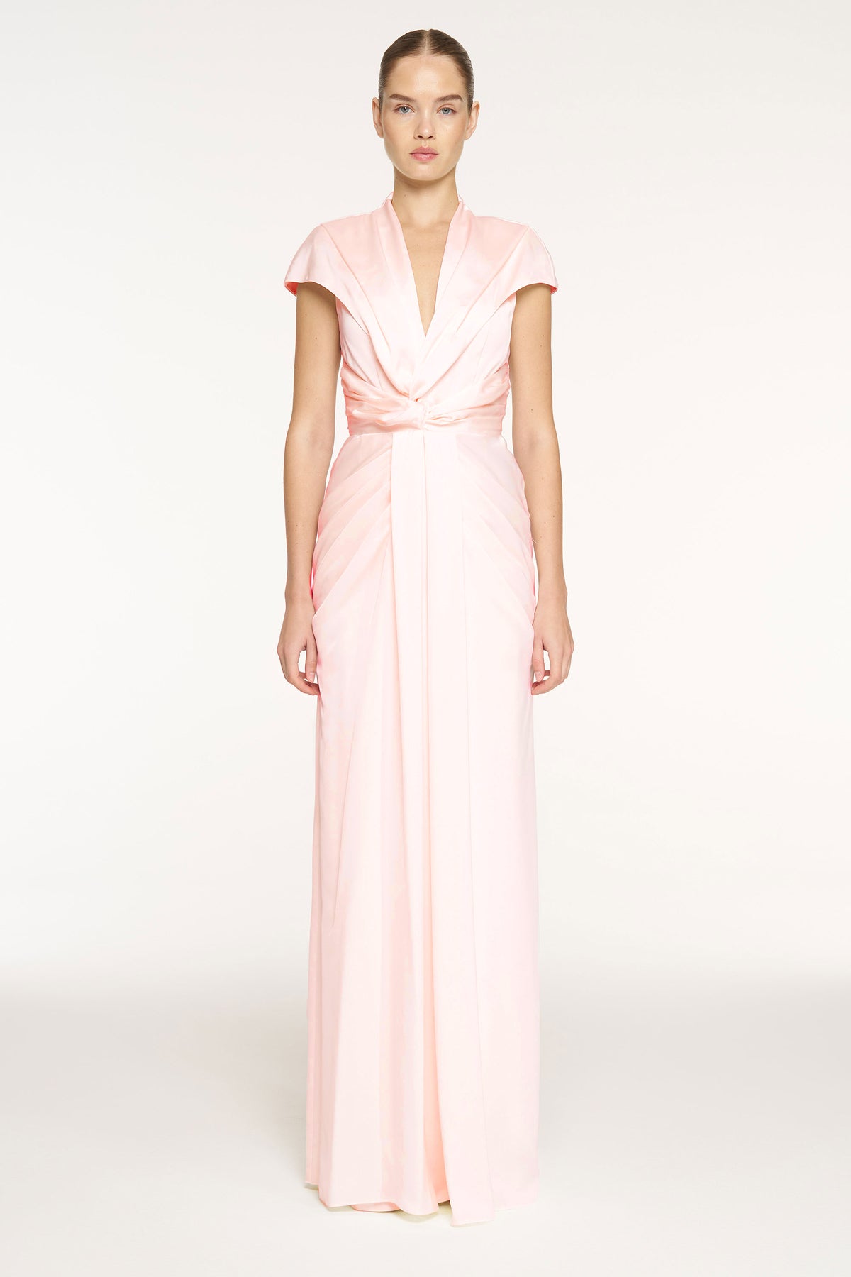 V-Neck Draped Waist Detail Short Sleeve Evening Dress