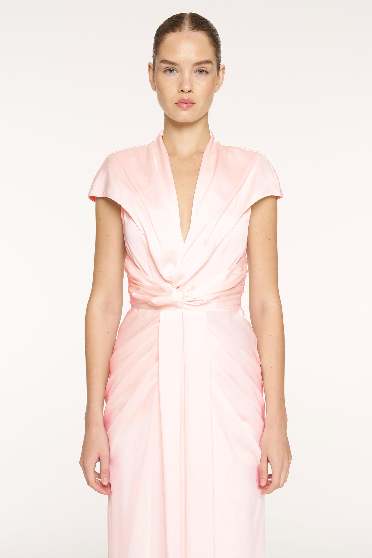 V-Neck Draped Waist Detail Short Sleeve Evening Dress