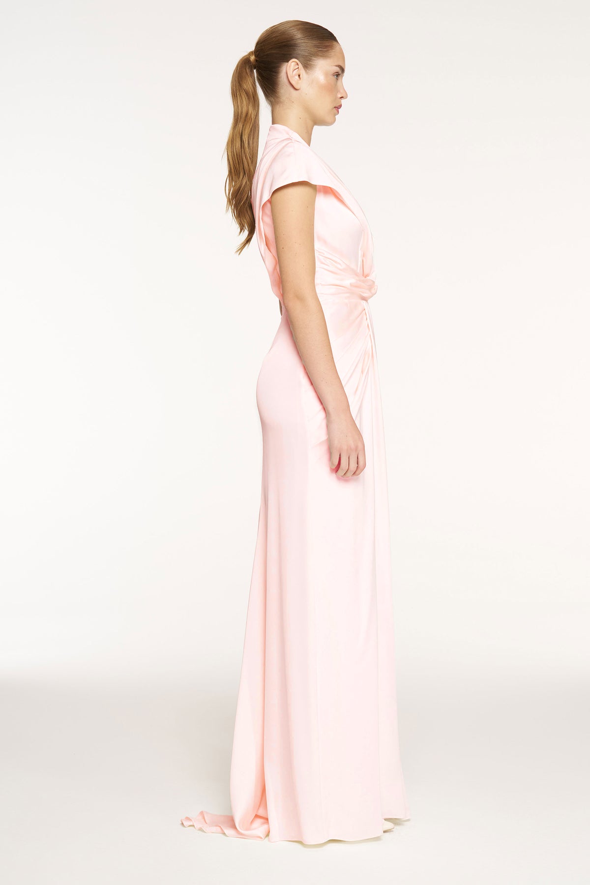 V-Neck Draped Waist Detail Short Sleeve Evening Dress
