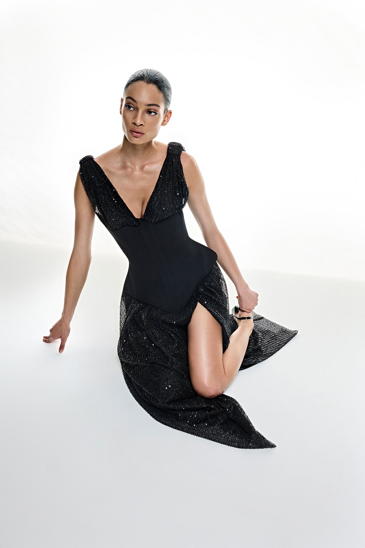 V-Neck Corset Cut Slit Evening Dress