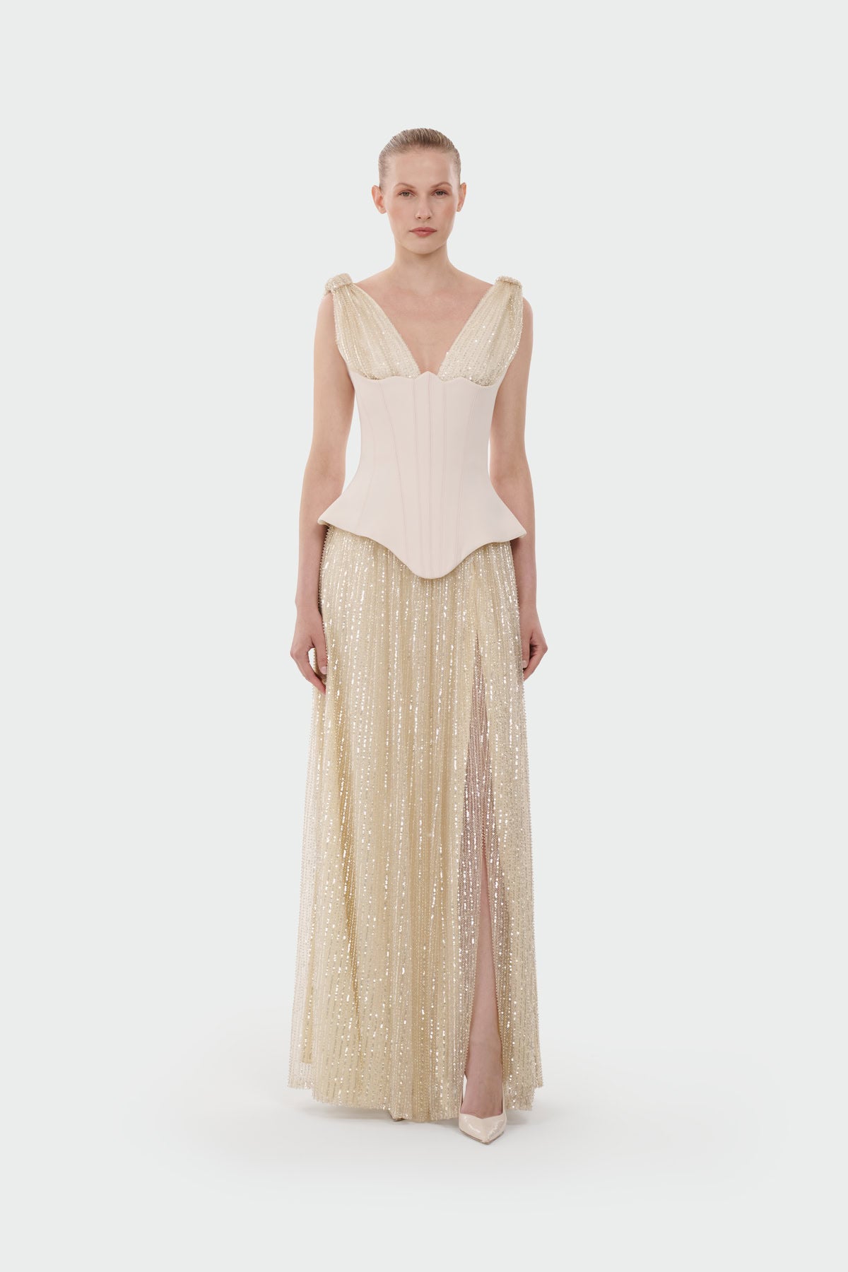 V-Neck Corset Cut Slit Evening Dress