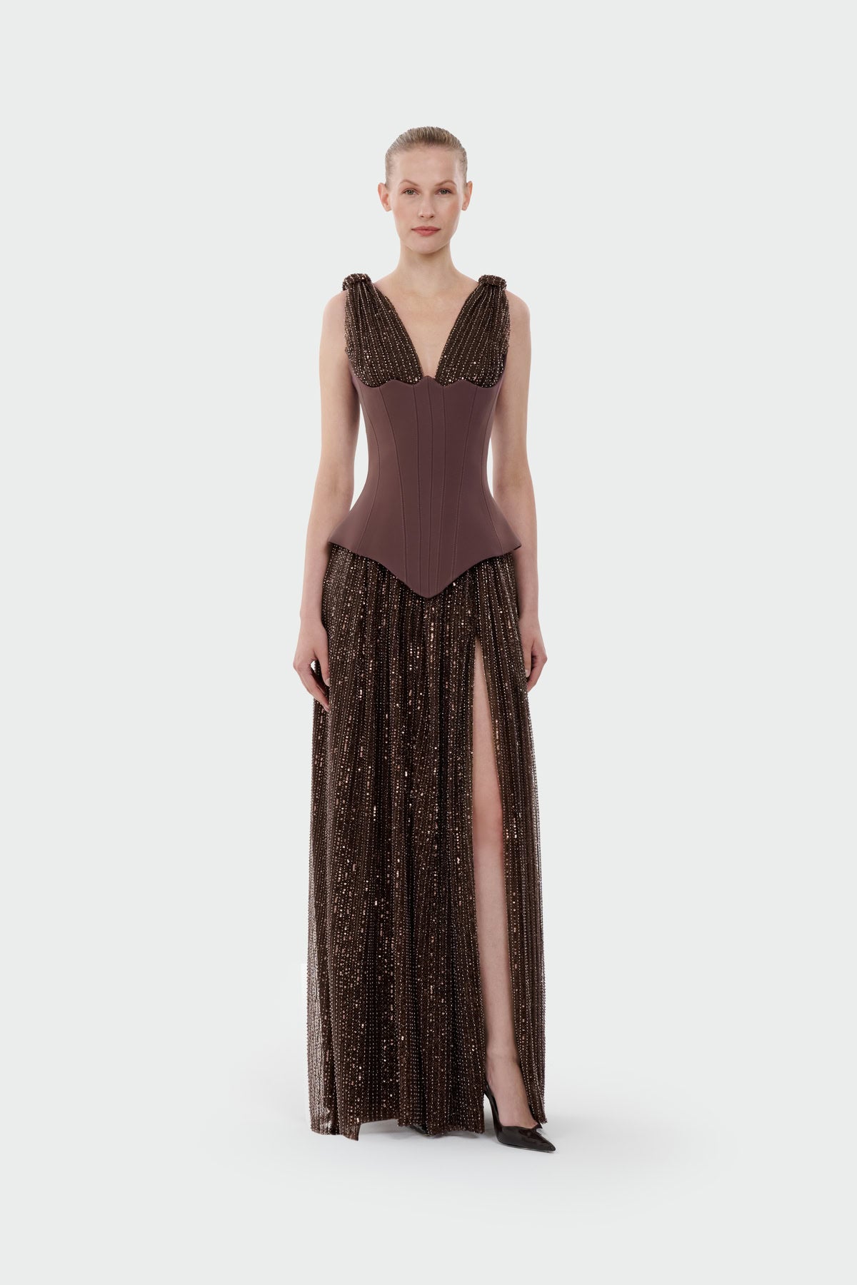 V-Neck Corset Cut Slit Evening Dress