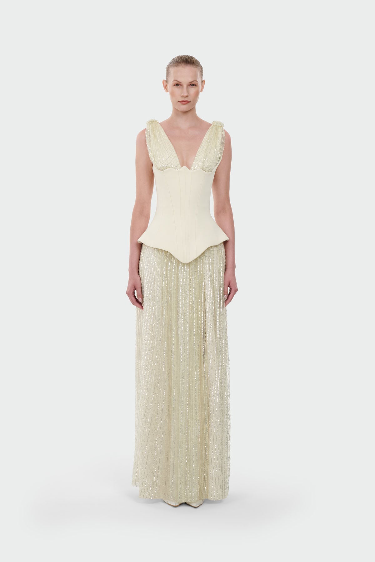 V-Neck Corset Cut Slit Evening Dress