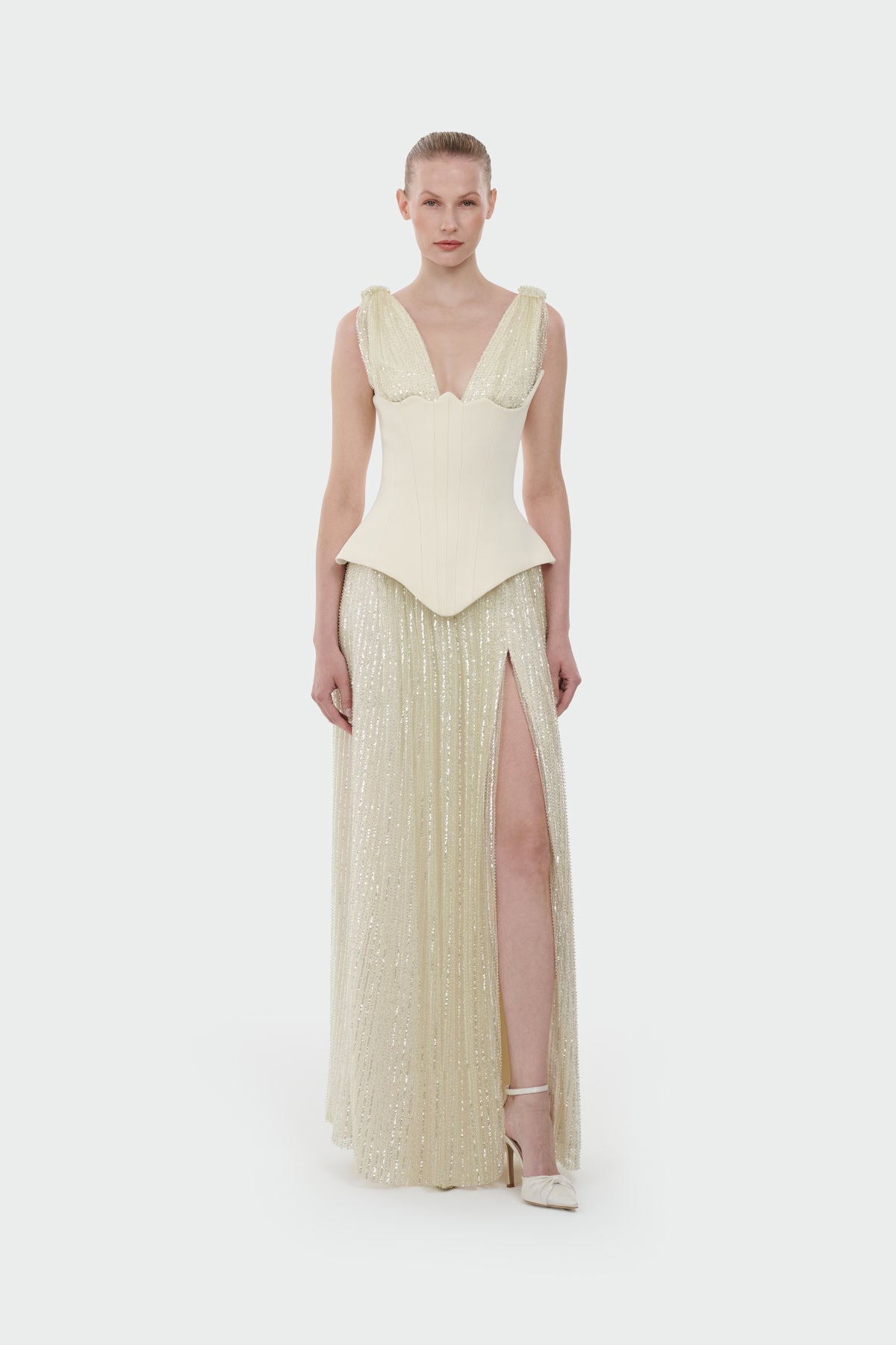 V-Neck Corset Cut Slit Evening Dress
