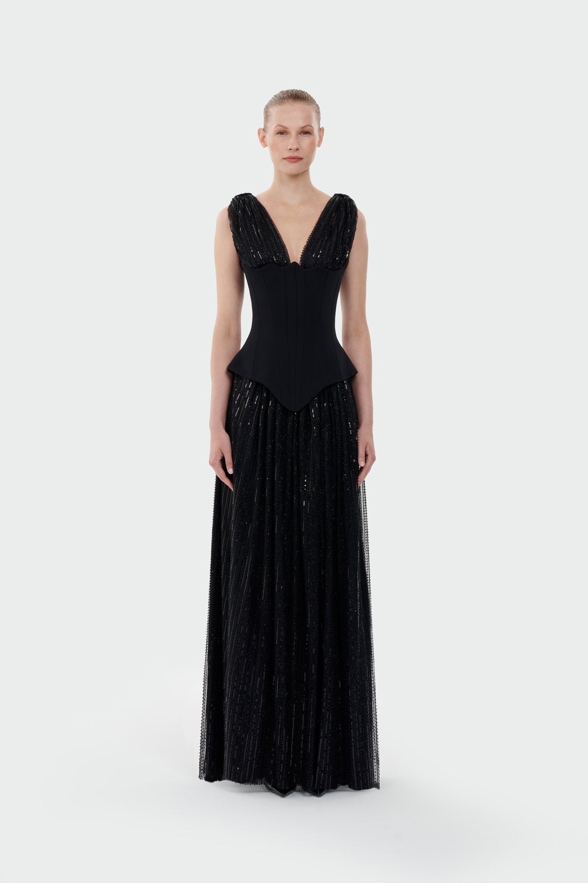 V-Neck Corset Cut Slit Evening Dress