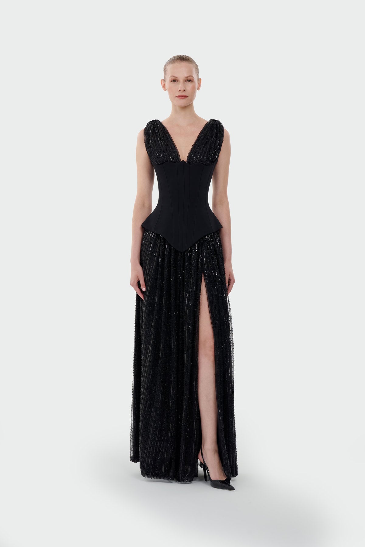 V-Neck Corset Cut Slit Evening Dress