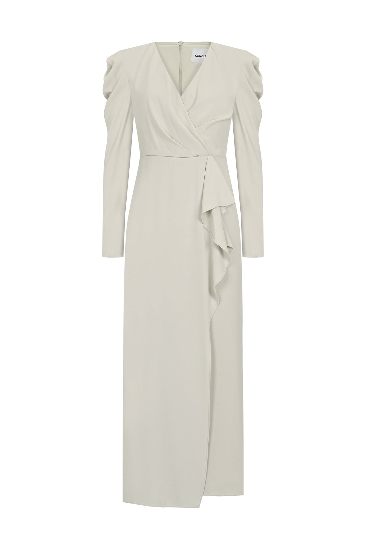 V Neck Long Sleeve Draped Midi Evening Dress