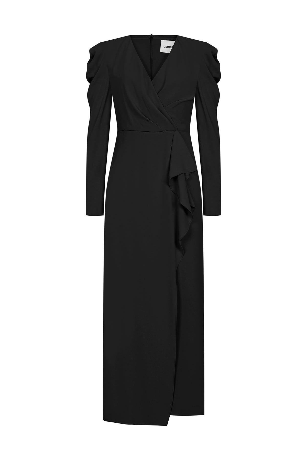 V Neck Long Sleeve Draped Midi Evening Dress
