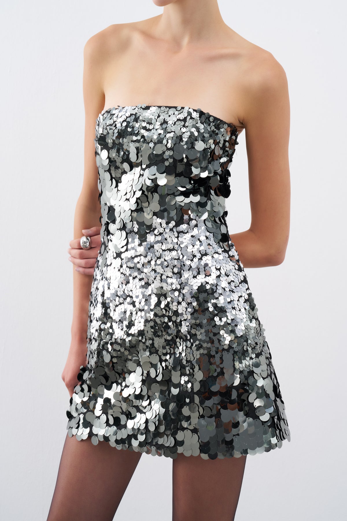 Black Sequined Strapless Mini Evening Dress