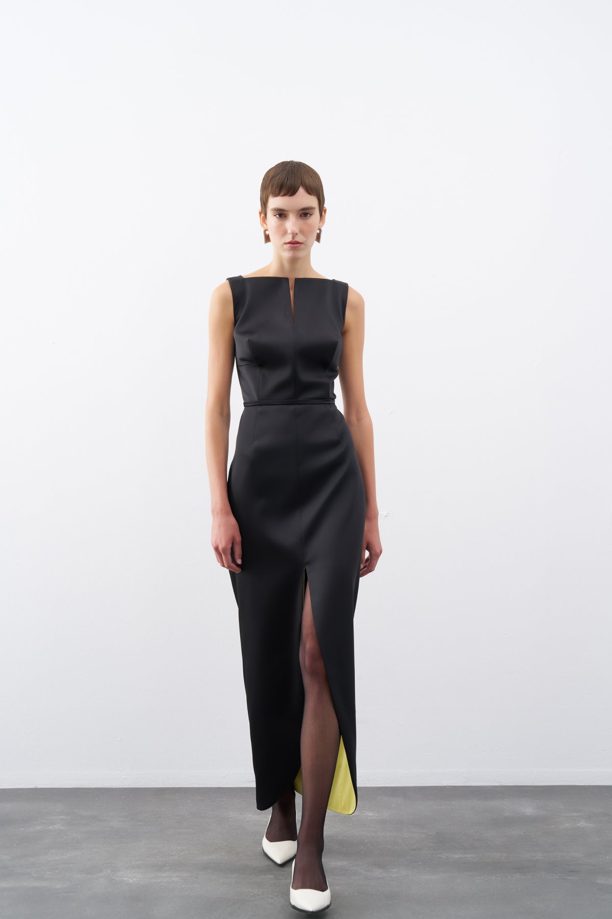 Black Contrast Lined Front Slit Long Evening Dress