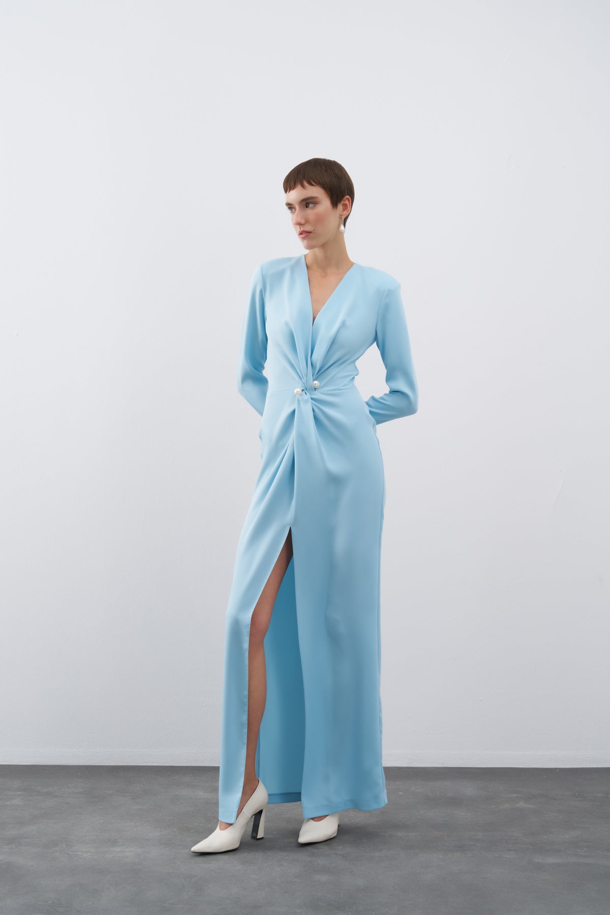 Blue V Neck Long Sleeve Slit Long Evening Dress