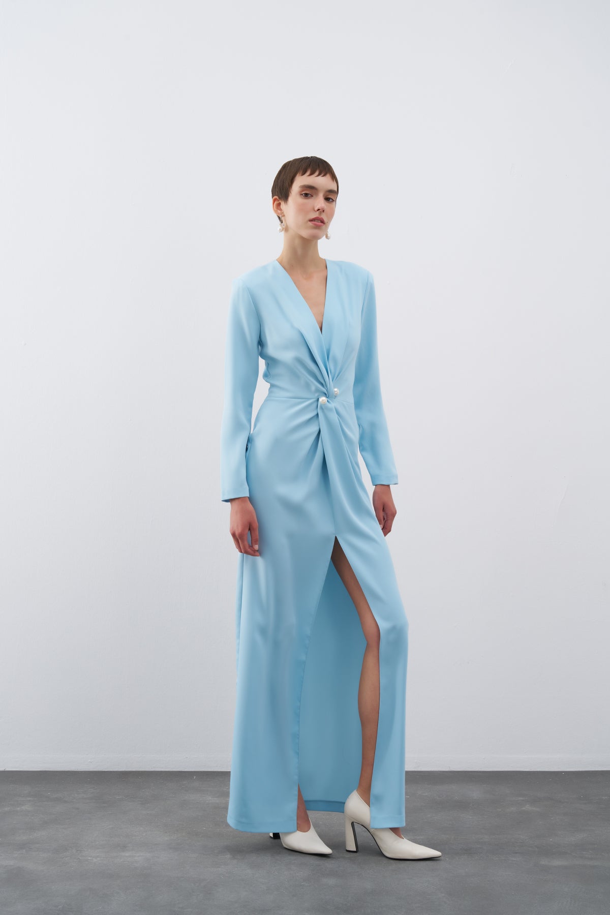 Blue V Neck Long Sleeve Slit Long Evening Dress