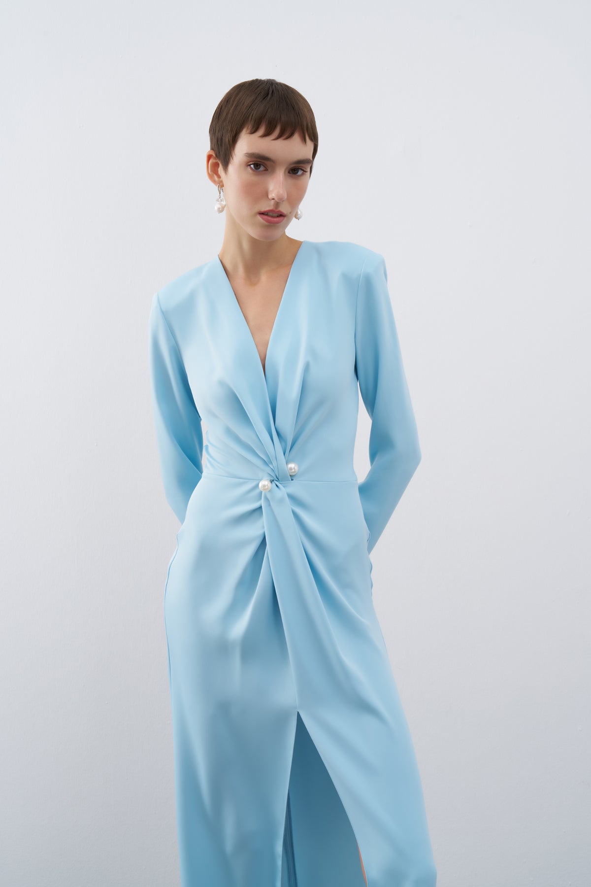 Blue V Neck Long Sleeve Slit Long Evening Dress