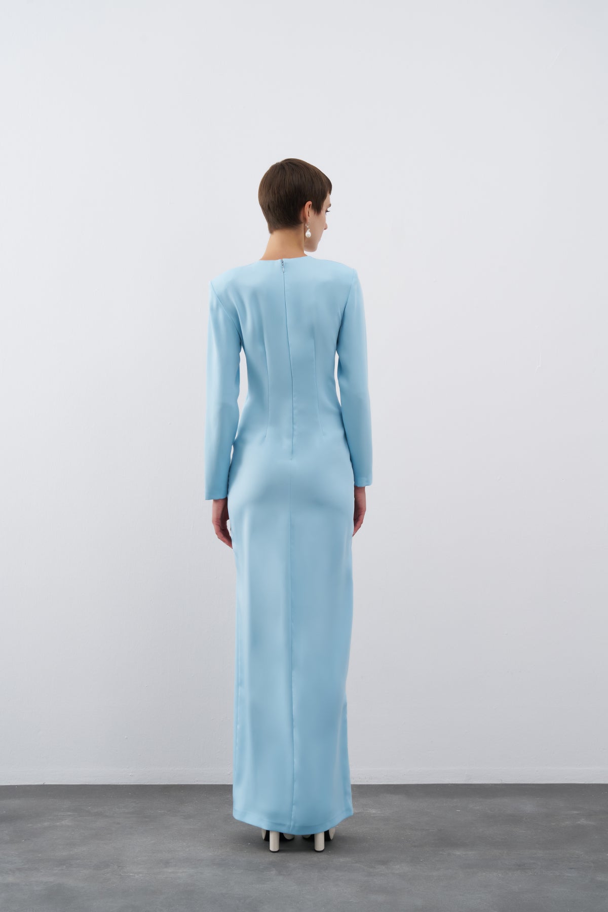 Blue V Neck Long Sleeve Slit Long Evening Dress