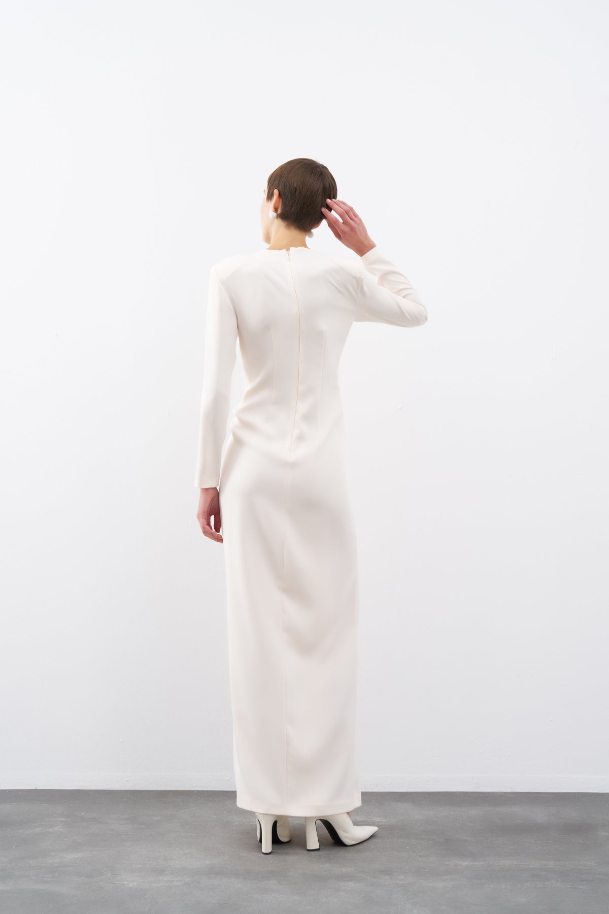 Cream V Neck Long Sleeve Slit Long Evening Dress