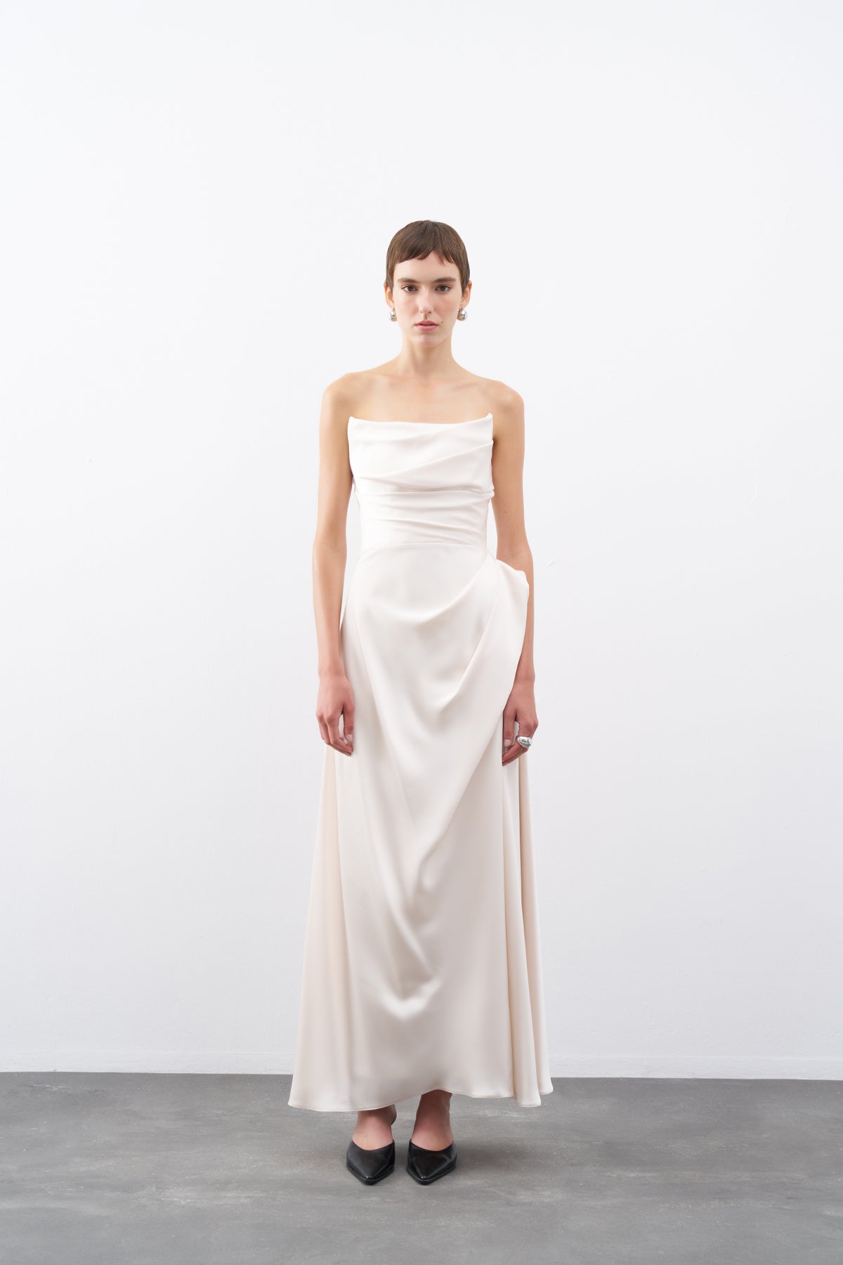 Ecru Strapless Draped Detail Long Evening Dress