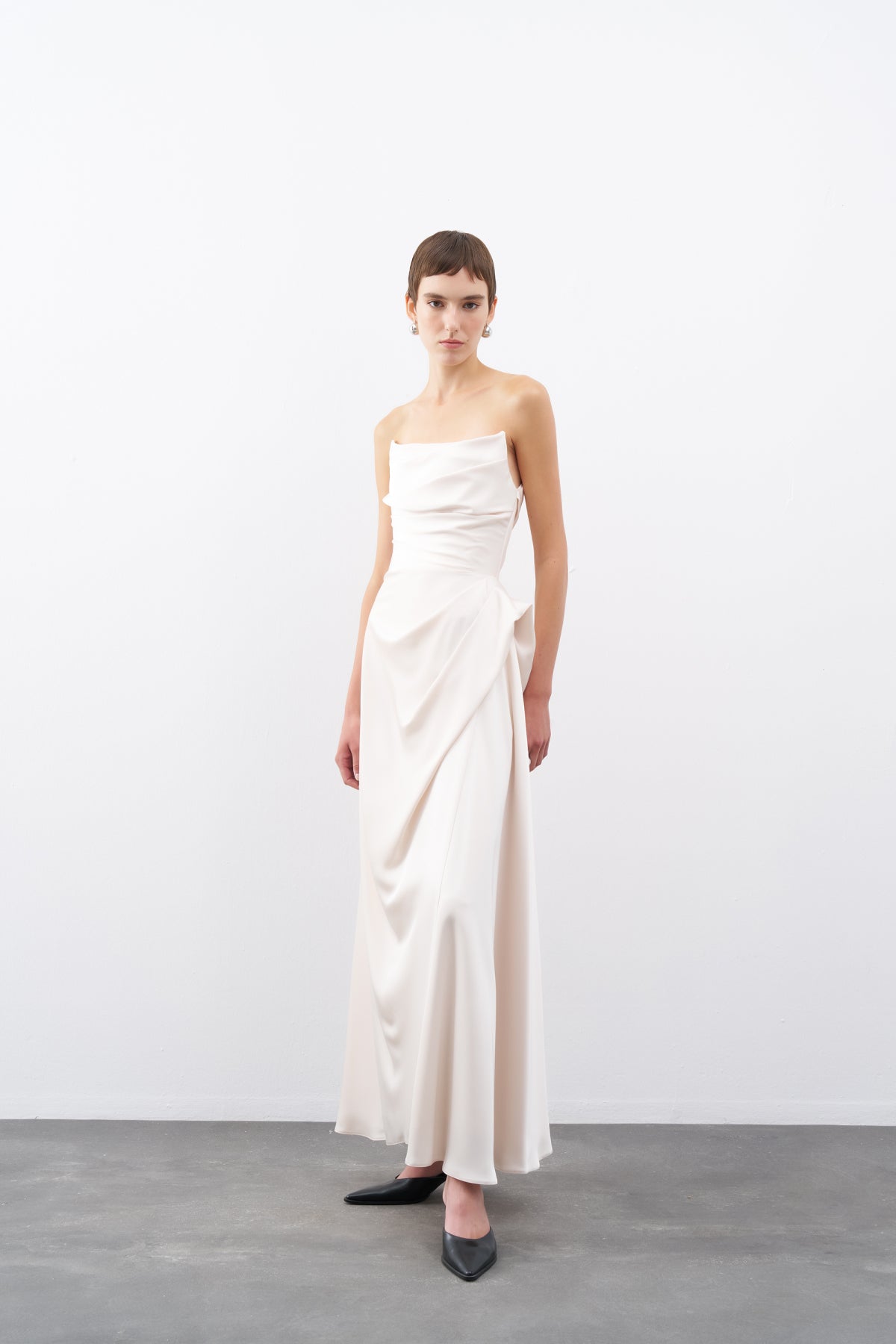 Ecru Strapless Draped Detail Long Evening Dress