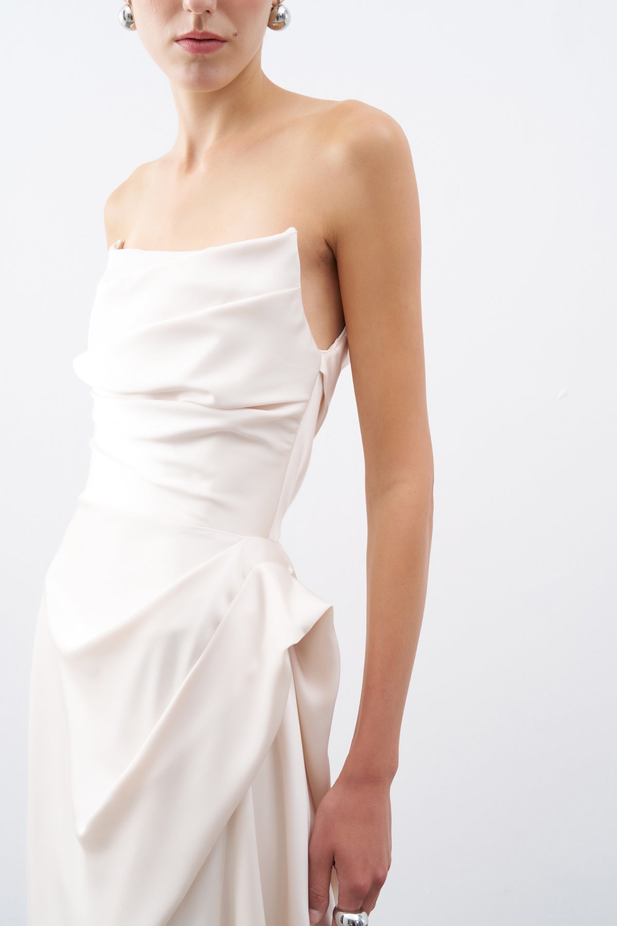 Ecru Strapless Draped Detail Long Evening Dress