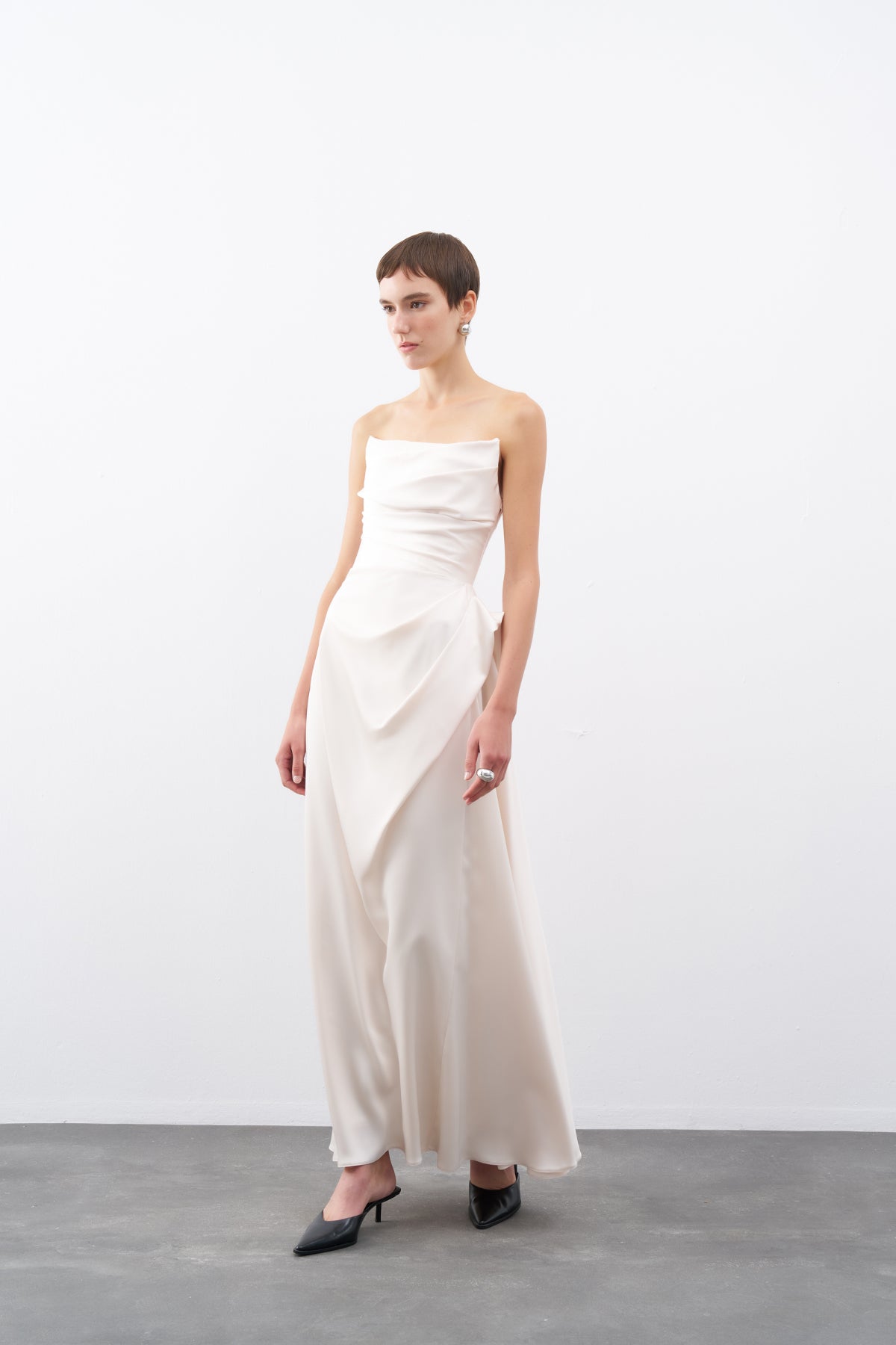 Ecru Strapless Draped Detail Long Evening Dress