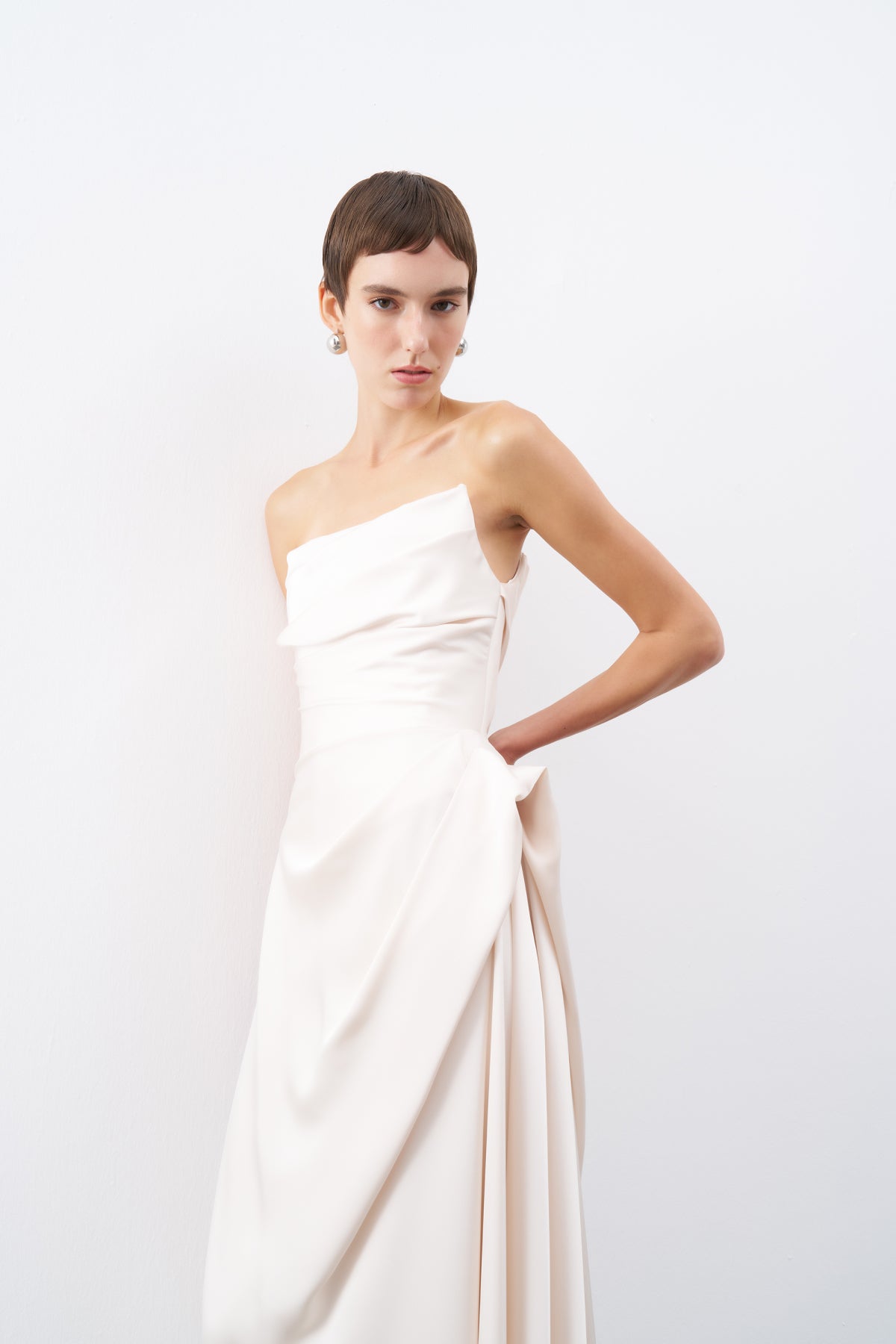 Ecru Strapless Draped Detail Long Evening Dress